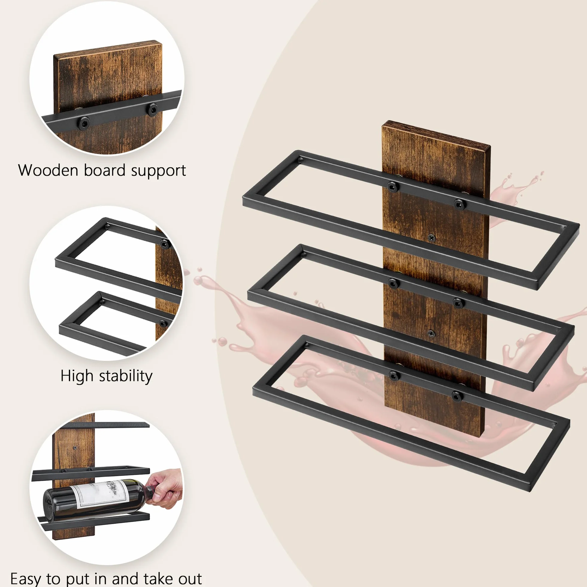 FAVOOSTY Portabottiglie da Parete in Legno per 9 Bottiglie da Appendere per Cucina, Sala da Pranzo, Bar