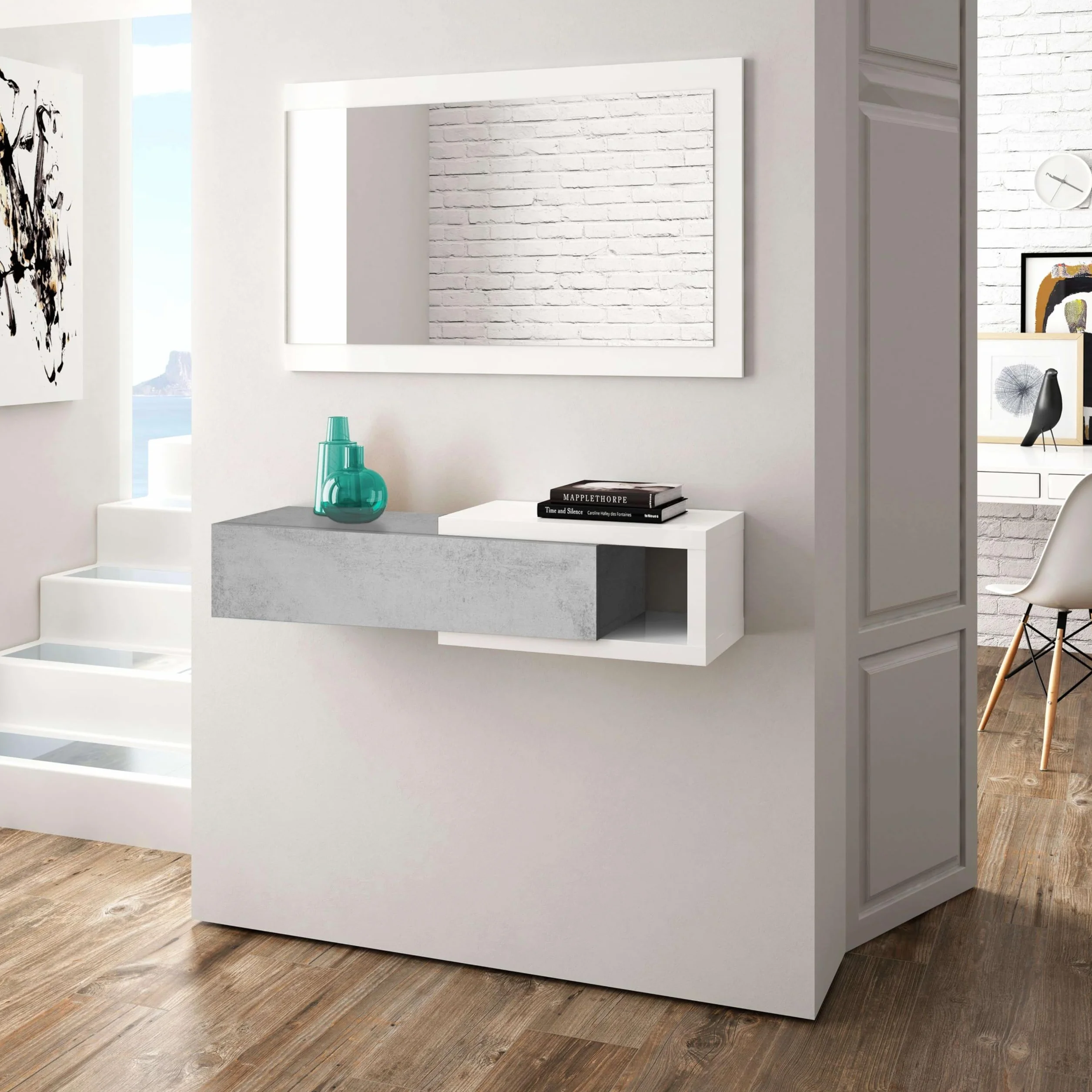 Habitdesign Ingresso con cassetto e specchio, mobile da ingresso, modello mezzogiorno, rifinito in bianco Artik e cemento, misure: 95 cm (larghezza) x 19 cm (altezza) x 26 cm (profondità)