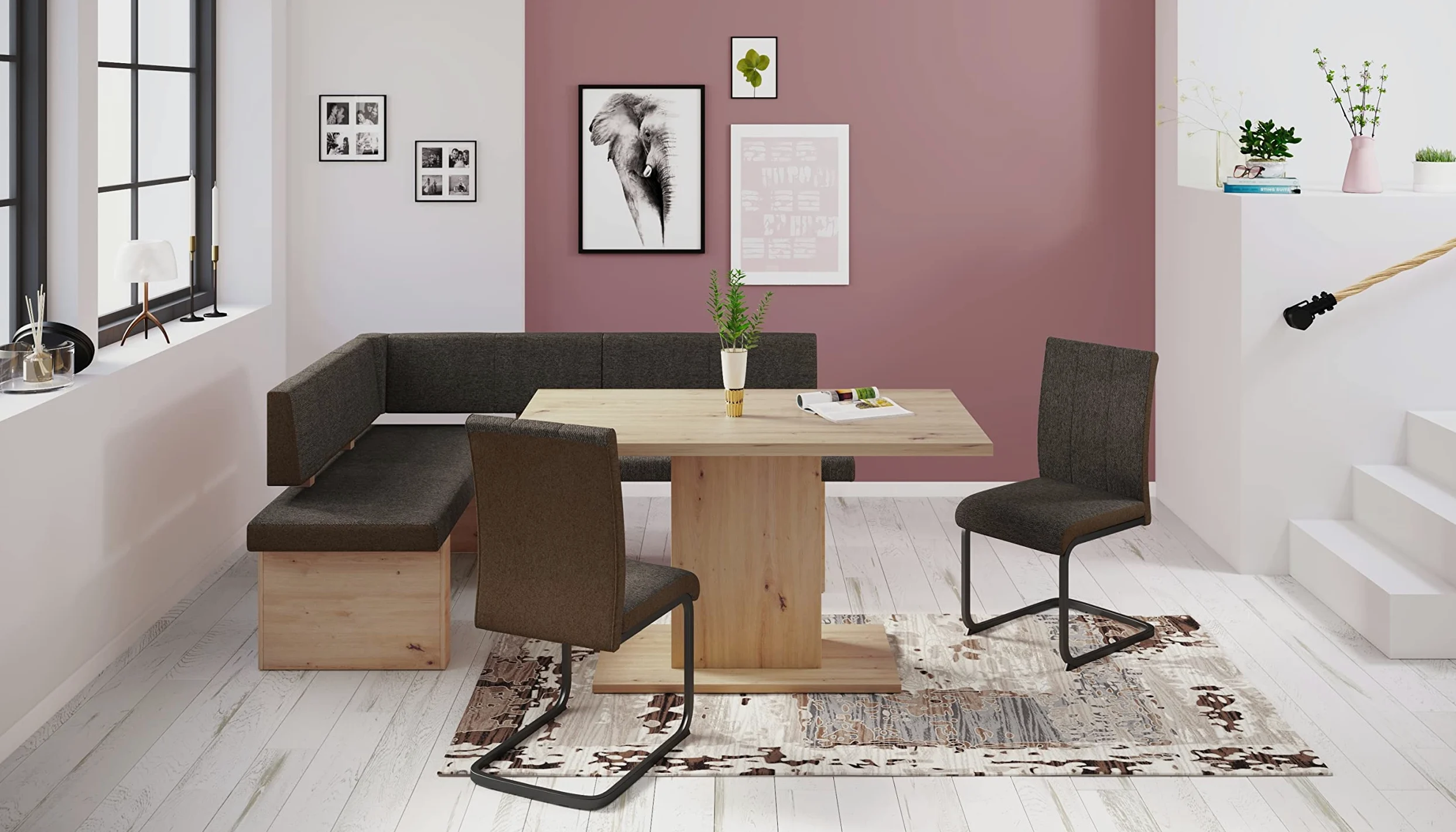 Hela Tische, Linn - Panca angolare, in tessuto marrone, struttura in legno di rovere artigianale, montabile su entrambi i lati, portata circa 300 kg, dimensioni 200 x 140 x 83 cm