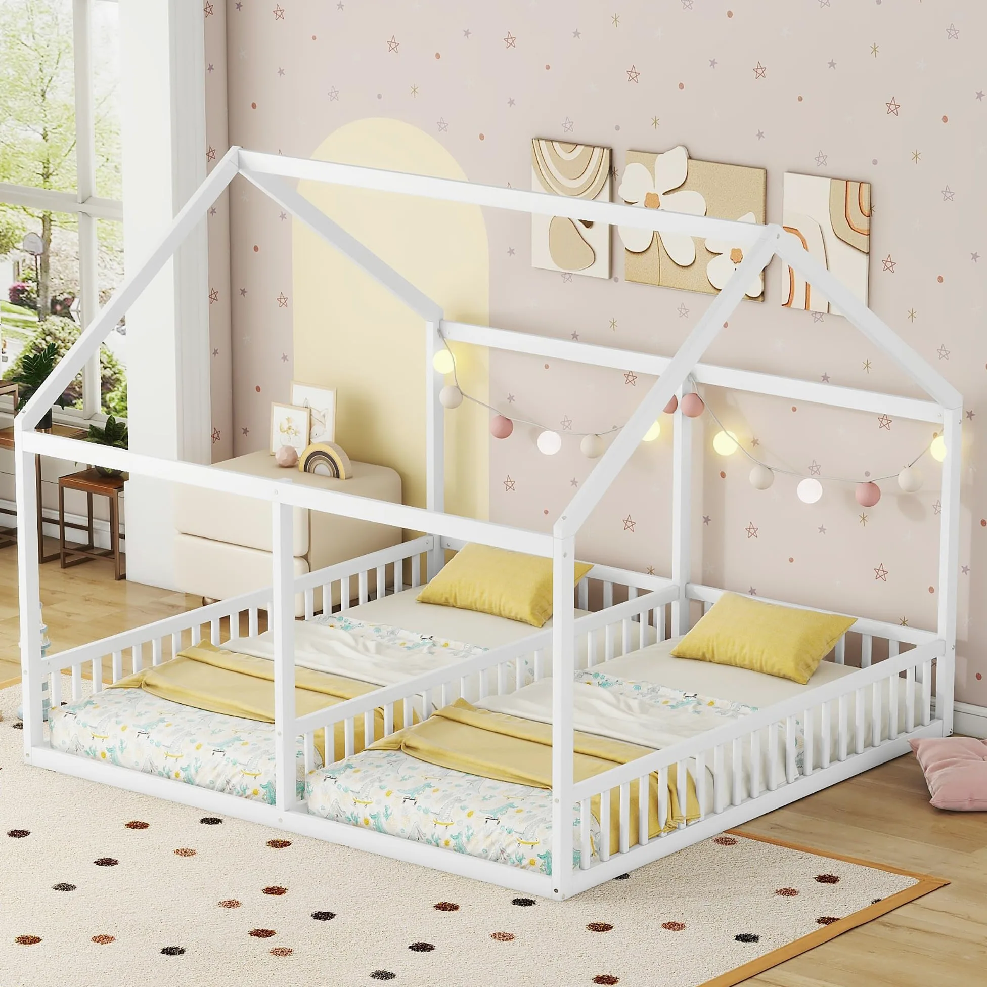 Rtopsu Letto per Bambini Letto Matrimoniale 90x200 cm, Letti a Soppalco con Rete a Doghe in Legno per 2 Ragazzi, Letti Casa con Protezione Anticaduta, Bianco, Senza Materasso