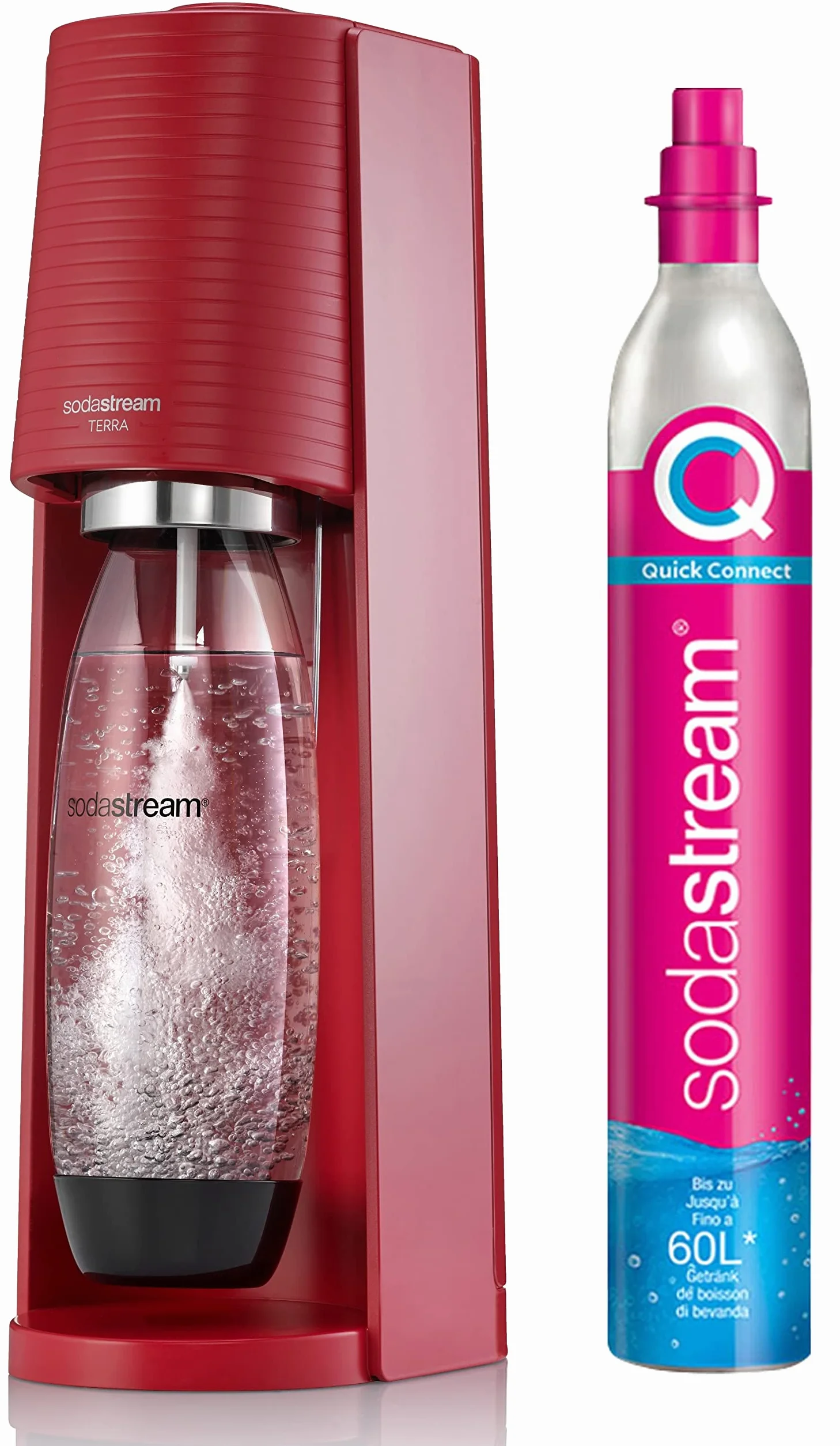 SodaStream Terra - Macchina per Acqua frizzante, Confezione da 1 Bottiglia 1 l + 1 Ricarica di Gas 60 l a Clip, Colore: Rosso