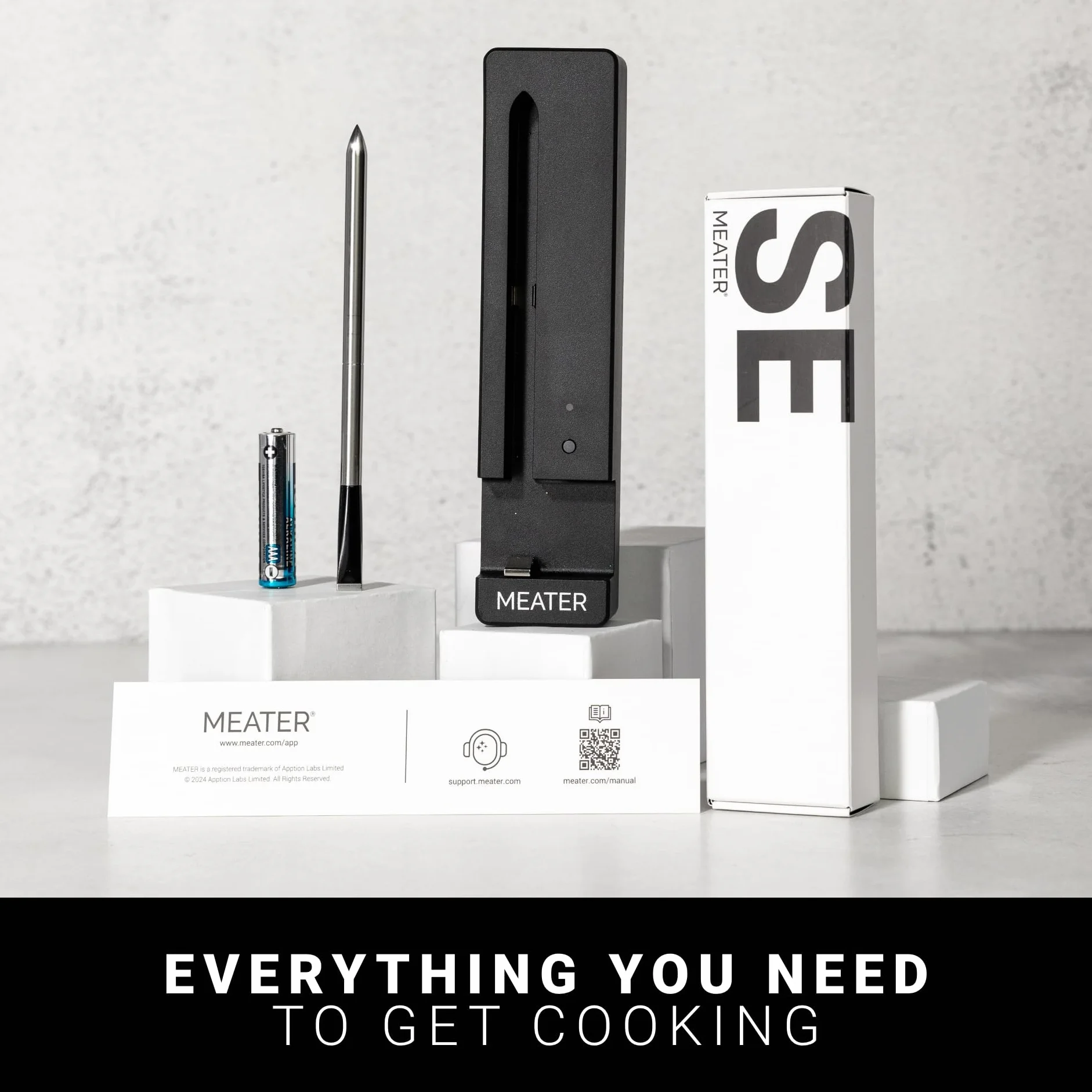 MEATER SE - Termometro per carne wireless con Bluetooth, misura temperatura interna e ambientale, perfetto per forno, grill, cucina, barbecue, girarrosto, dotato di caricatore nero