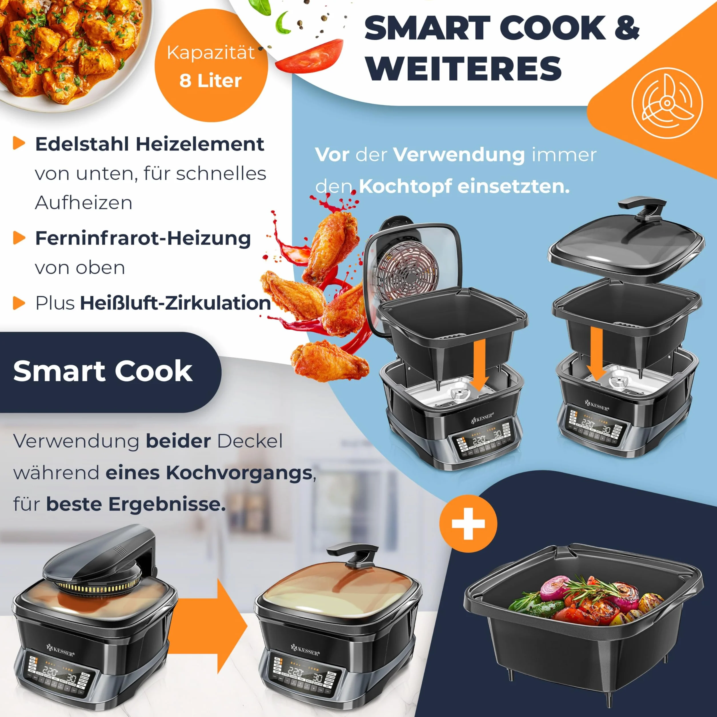 KESSER Fornello multicooker con friggitrice ad aria calda 8L 16 programmi