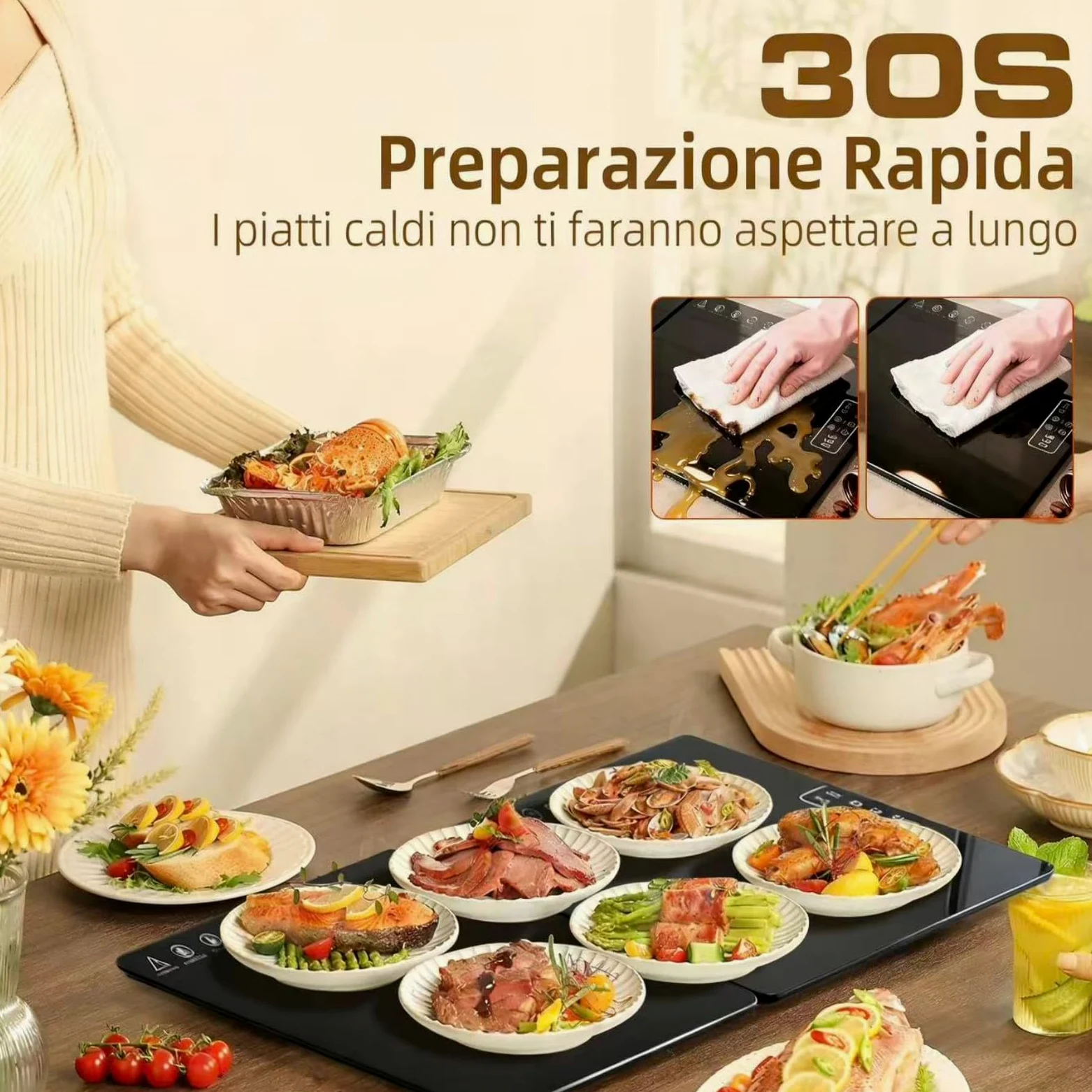 Piastra Riscaldante Elettrico 80 * 30 CM, Temperatura Regolabile e Pieghevolee, Tappetino Scaldavivande Multiuso per Mantenere Caldi o Scongelare gli Alimenti a Casa, in Feste ed Eventi