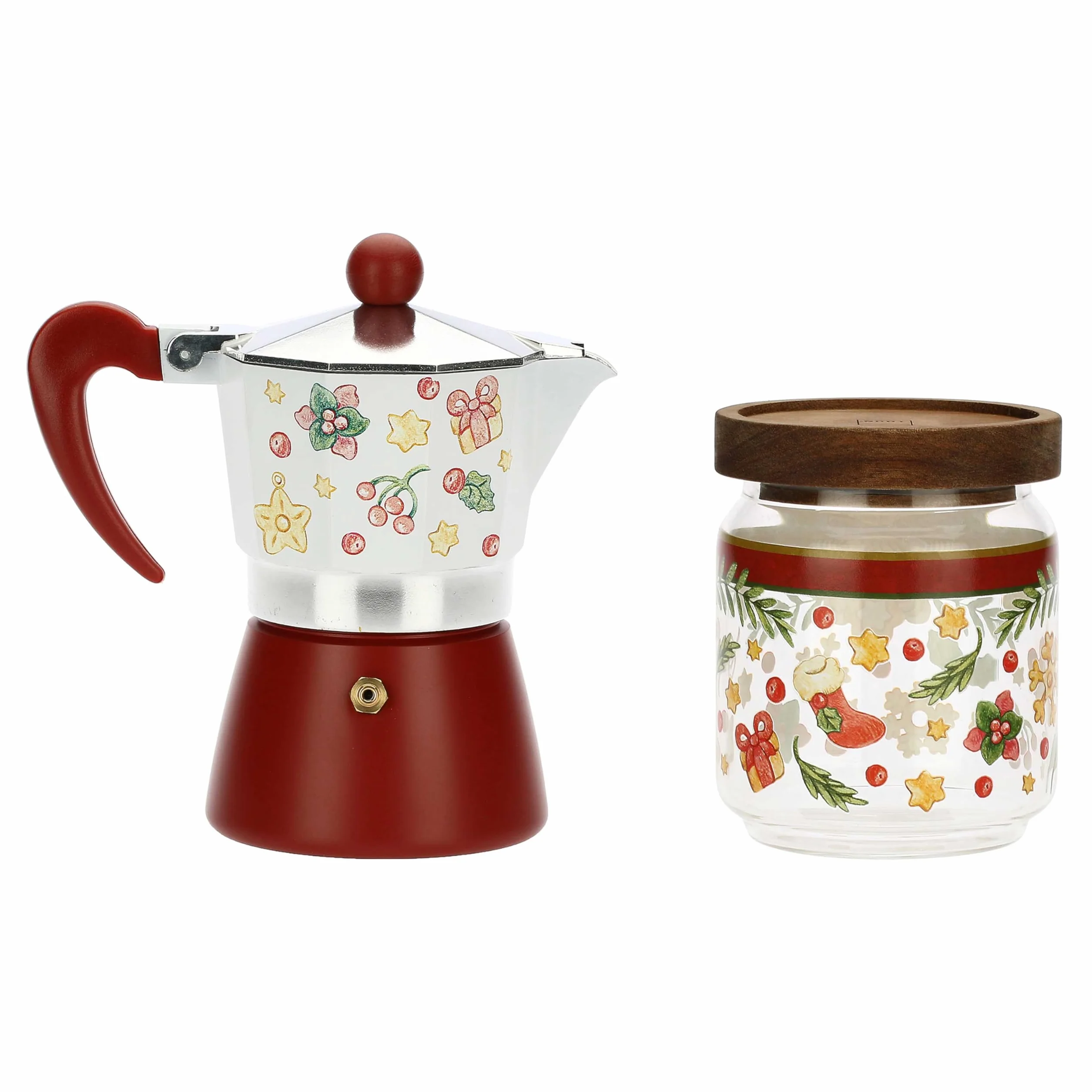 THUN, Set Caffettiera e Barattolo Porta Caffè in Vetro Borosilicato e Tappo in Acacia, Collezione Sorprese di Natale, Idea Regalo per Natale, Caffettiera Ø 15,6 cm h, Barattolo 400 ml, Ø 8,9 cm