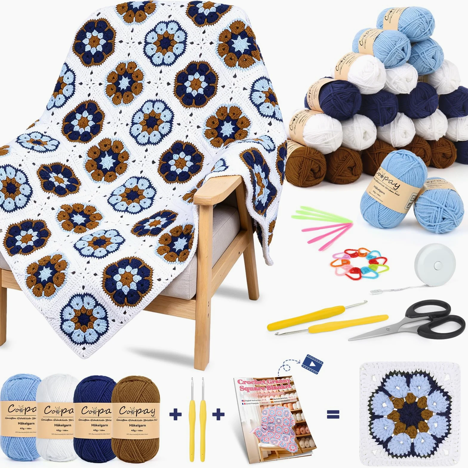 Coopay Granny Square - Set di uncinetti per principianti e professionisti, set completo per uncinetto con filato per uncinetto, istruzioni (lingua italiana non garantita), video tutorial, set di