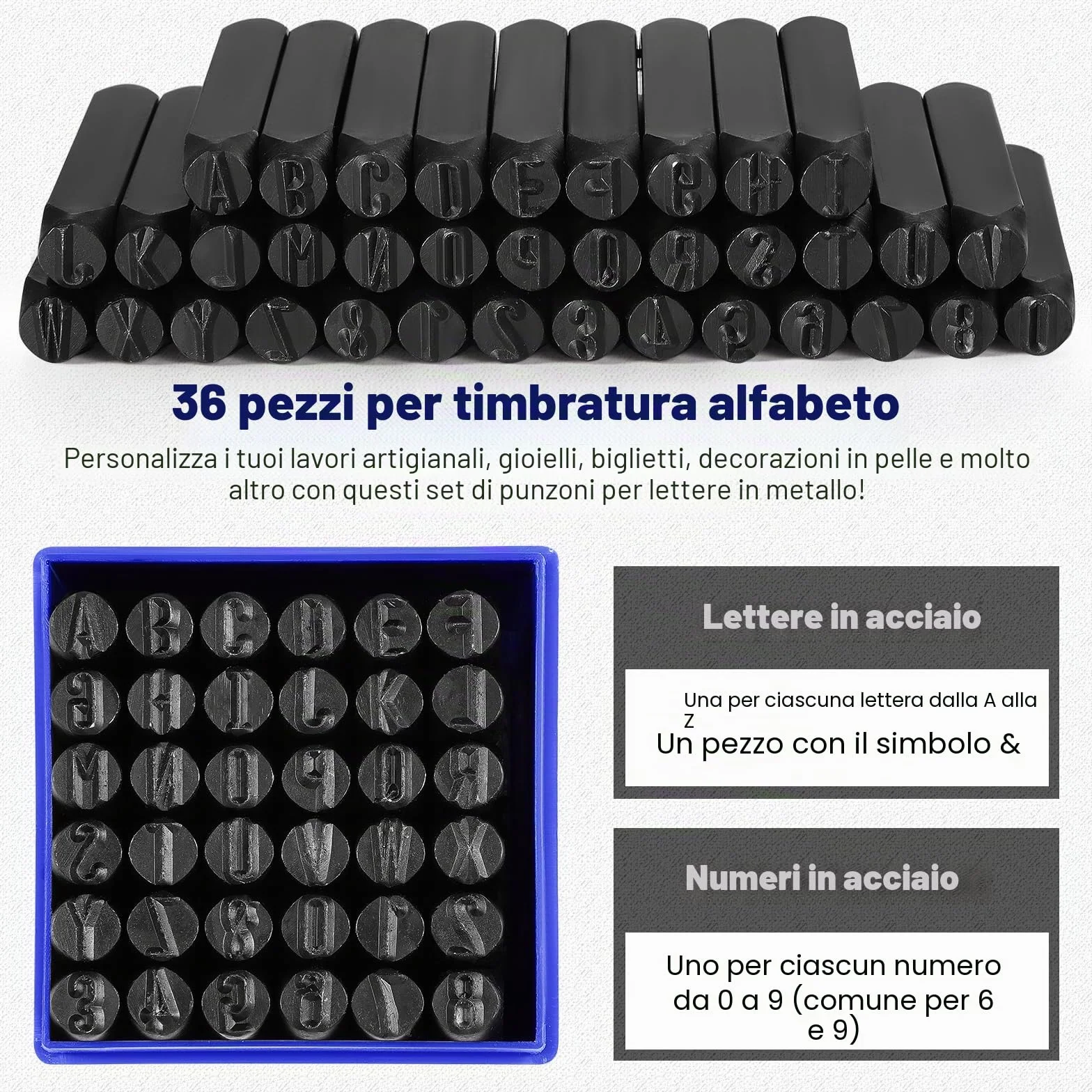Gueenky 36 Pezzi Punzoni Lettere e Numeri 8mm per Metallo Legno Pelle Plastica