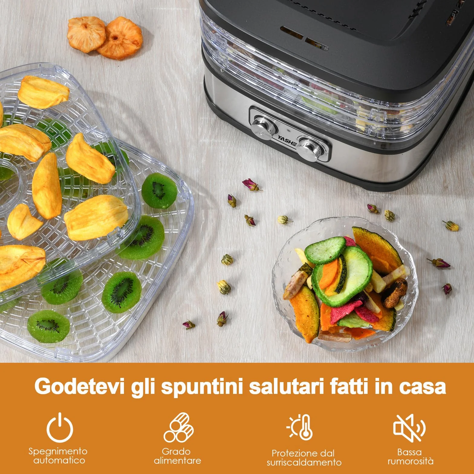 YASHE GGJ-261A Essiccatore Alimentare, 5 Vassoi Regolabili in Altezza, Controllo della Temperatura da 35 a 70°C, Essiccatore Frutta e Verdura da 240 Watt, Senza BPA