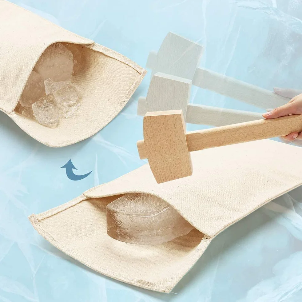 Lewis Bag and Manual Rompighiaccio, borsa per ghiaccio riutilizzabile in cotone con accessori in legno Bar Kitchen Accessory Kit per Crushes Ice Dried Ice. (2 pezzi)