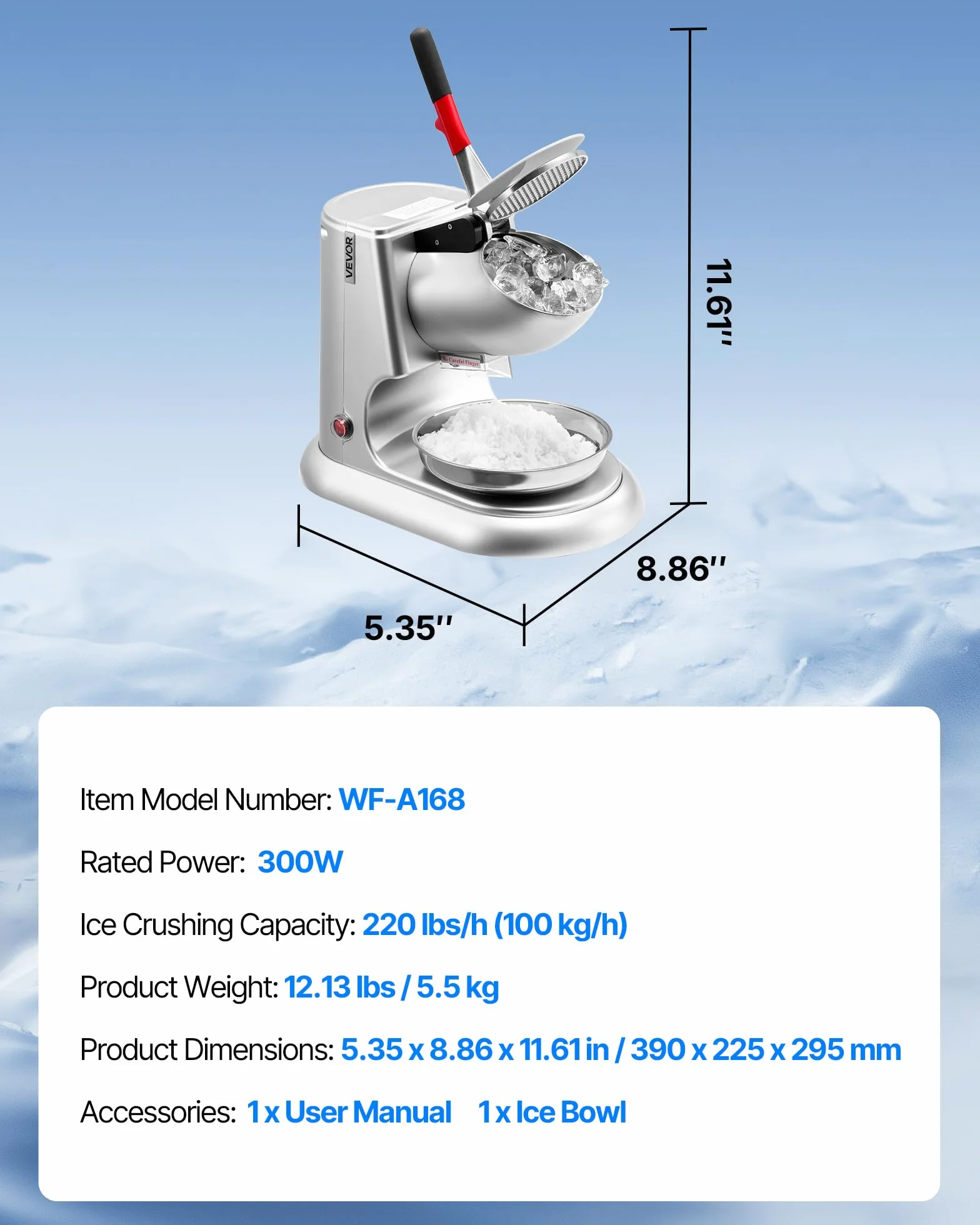 VEVOR Macchina Tritaghiaccio 100 kg/h, Produttore di Granita 4 Lame, Acciaio Inox 300 W 2000 Giri/min Argento
