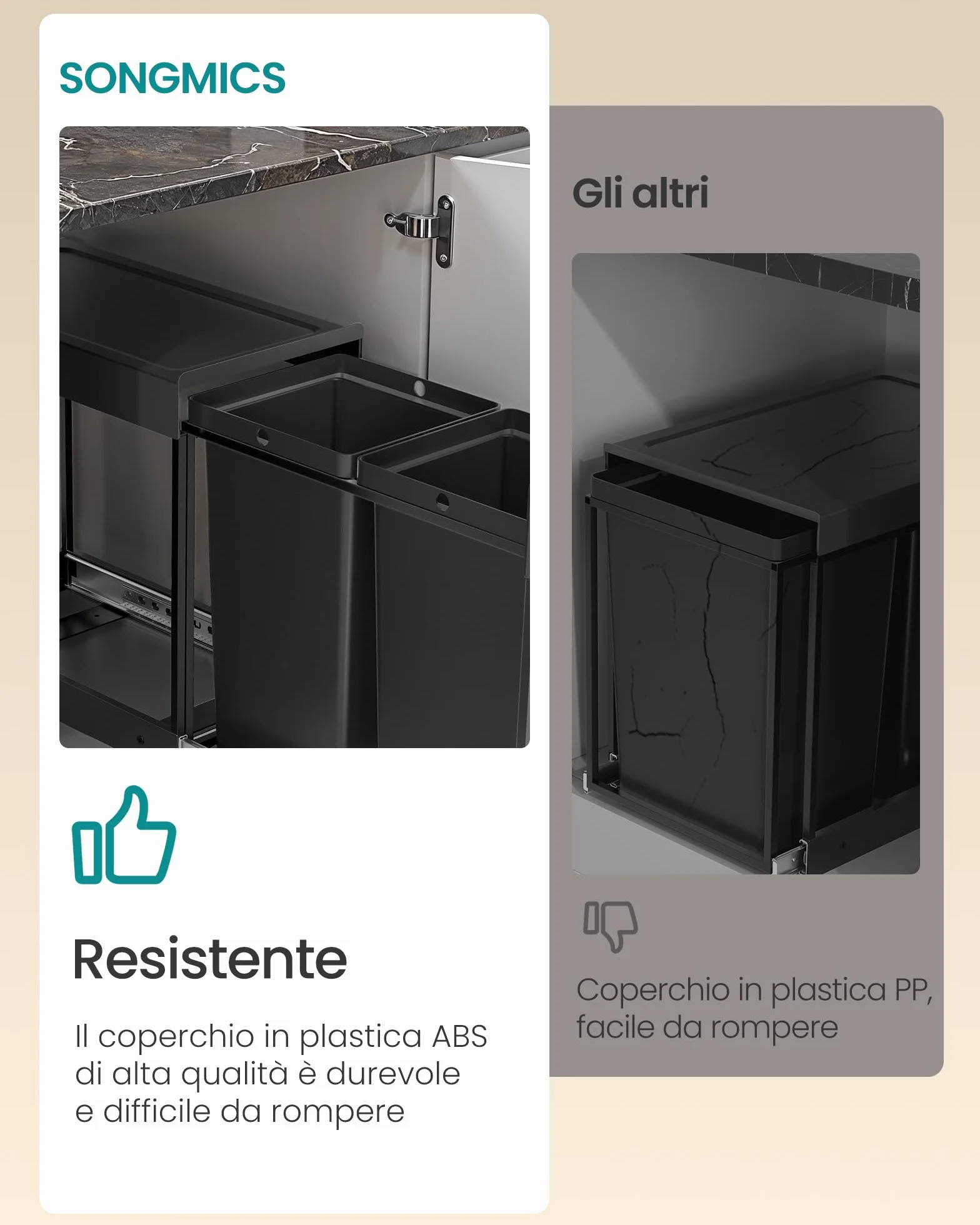 SONGMICS Pattumiera da Cucina per Raccolta Differenziata, Cestino da Incasso per Mobile, 2 x 15 L Doppio Scomparto, Estraibile, Struttura in Acciaio, Coperchio in ABS, Nero Inchiostro LTB950B01