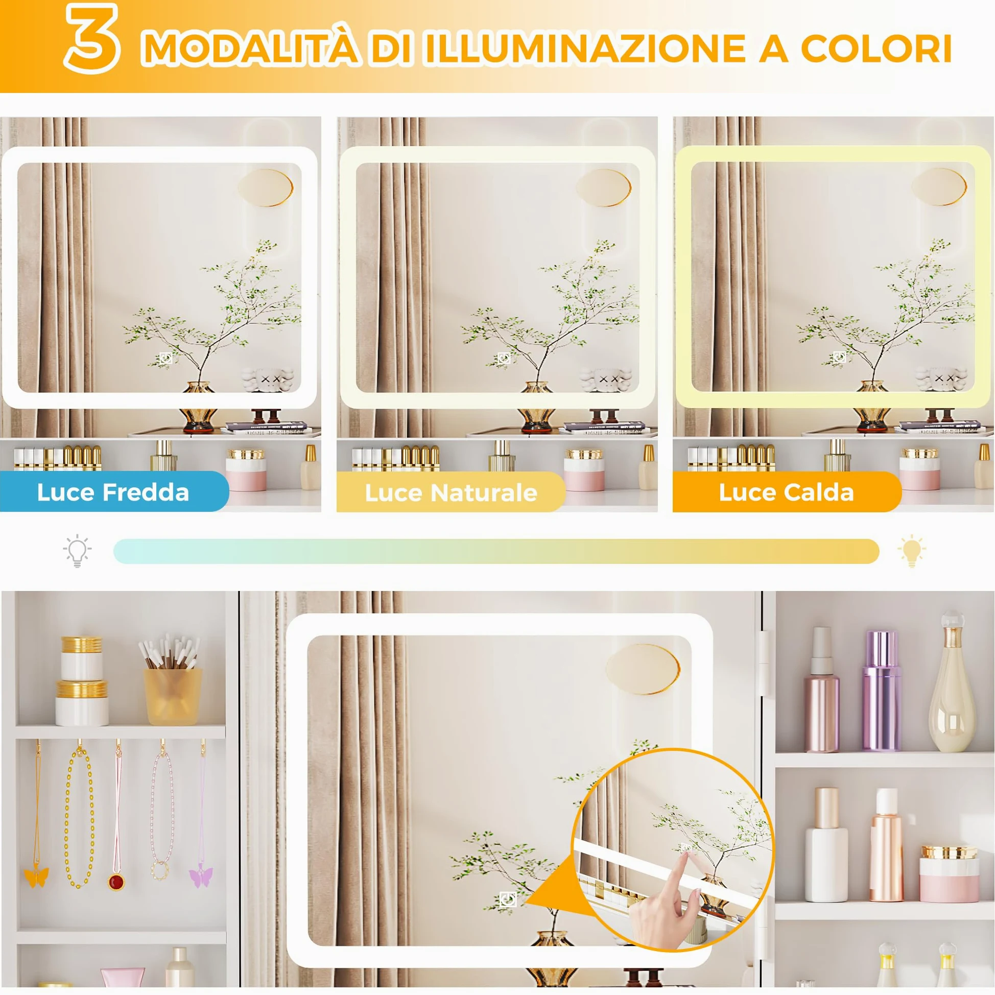 BEWISHOME Grande Toeletta da Trucco con Specchio e Luci, Sgabello e Presa | luminosità Regolabile,Tavolo Trucco con 8 Cassetti e 8 Ripiani Aperti, Moderna Postazione Trucco per Camera da Letto, EFST53M