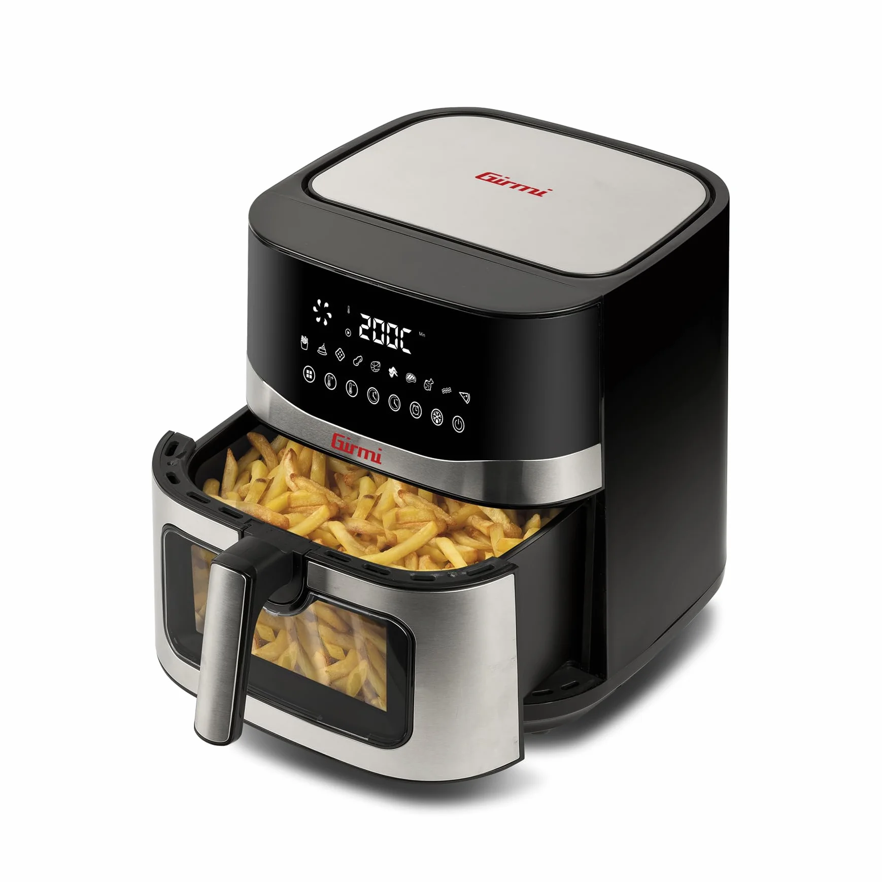 Girmi FG90 Friggitrice ad Aria Ecofrit Premium, 2200W, 9 Lt, Doppia Resistenza, Finestra, Contenitore Antiaderente, Display Digitale, Scongelamento, Partenza Ritardata, BPA/PFOA safe, Nero