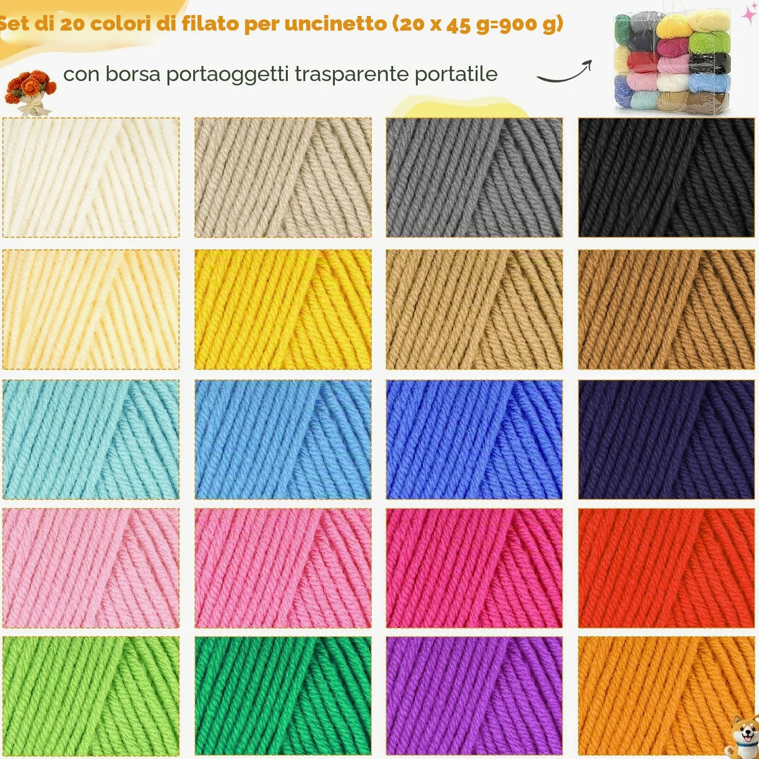 Coopay Granny Square - Set di 20 colori per uncinetto, 900 g, lana per lavorare a maglia, morbido filato all'uncinetto in acrilico e cotone per uncinetto, 4 faiding, lana all'uncinetto per vestiti del