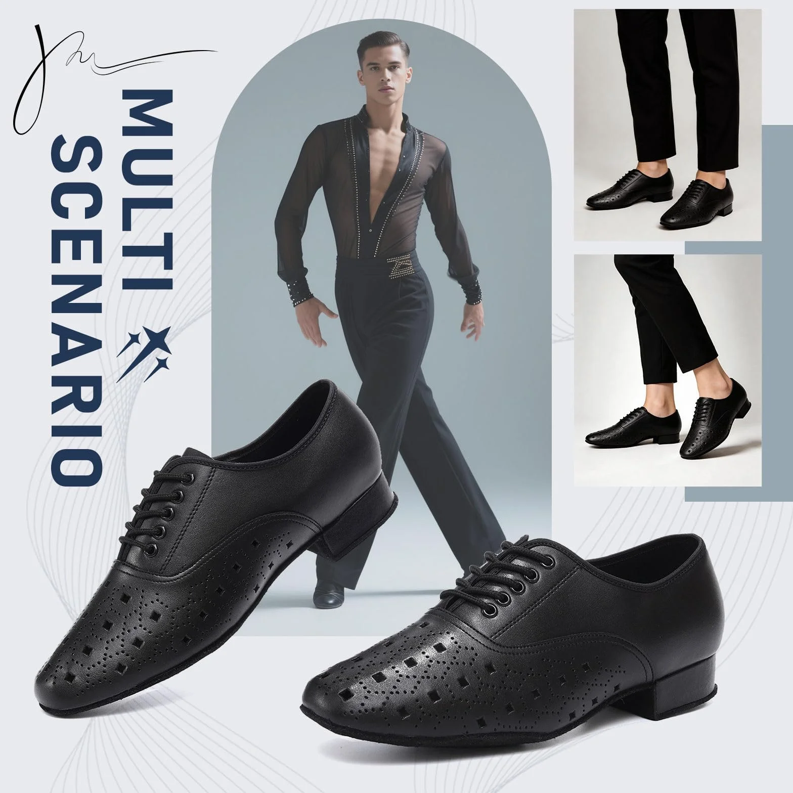 Scarpe da Ballo da Americano Uomo Nero Tacco Basso Lacci Salsa Latina Tango