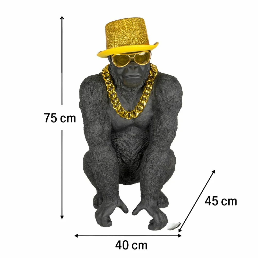 Bongo Gold – Statua Gorilla dorata di alta qualità, statuetta decorativa con occhiali e catena dorata – scultura di design XXL – creazione francese di eccezione per soggiorno ufficio