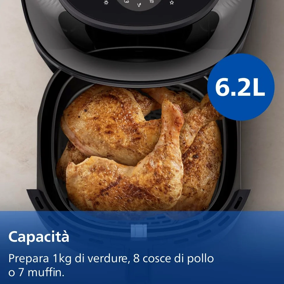 Philips Airfryer Serie 3000: Friggitrice ad aria da 6,2L con finestrella, Tec. RapidAir Plus, 16 modalità di cottura, 90% grassi in meno, facile da pulire, touchscreen, risparmio energetico (NA330/00)