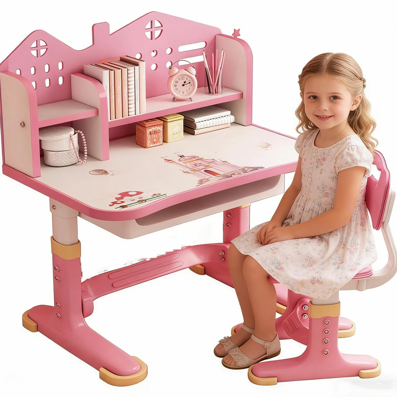 Scrivania Bambini, Sedia Scrivania Bambina, Scrivania per Bambini Con Cassetto, Scrivania Bambino Altezza Regolabile (Rosa-a)