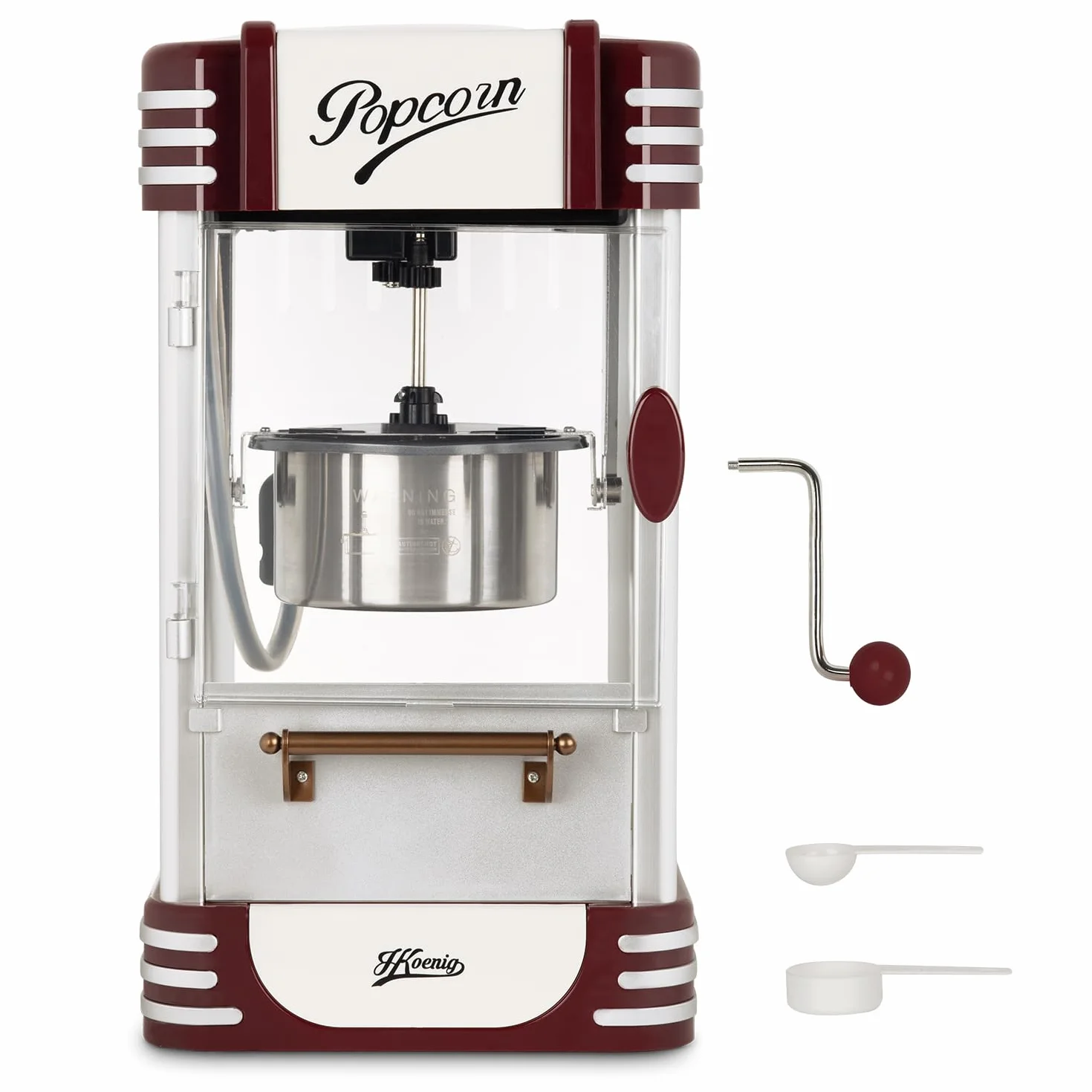 H.Koenig Macchina per Pop Corn POP330, Design Retrò, Recipiente in Acciaio Inox e Alluminio, Capacità 50 g, Porta Magnetica, Potenza 360 W