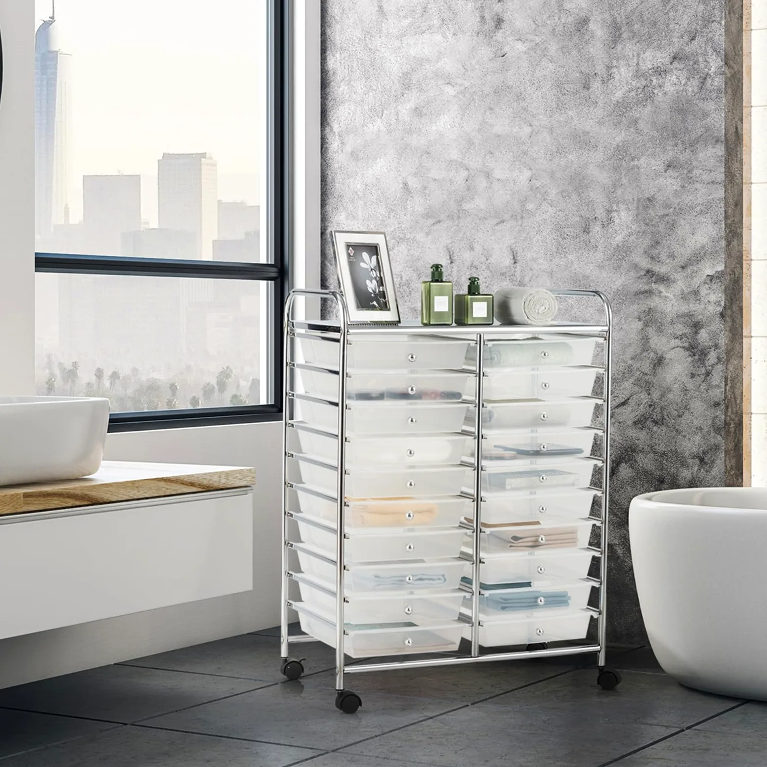 COSTWAY Carrello di Stoccaggio con 20 Cassetti, Carrello portaoggetti con 4 Ruote, Carrello Multiuso per Scuola Ufficio Cucina, 64 x 39 x 88 cm (Trasparente)