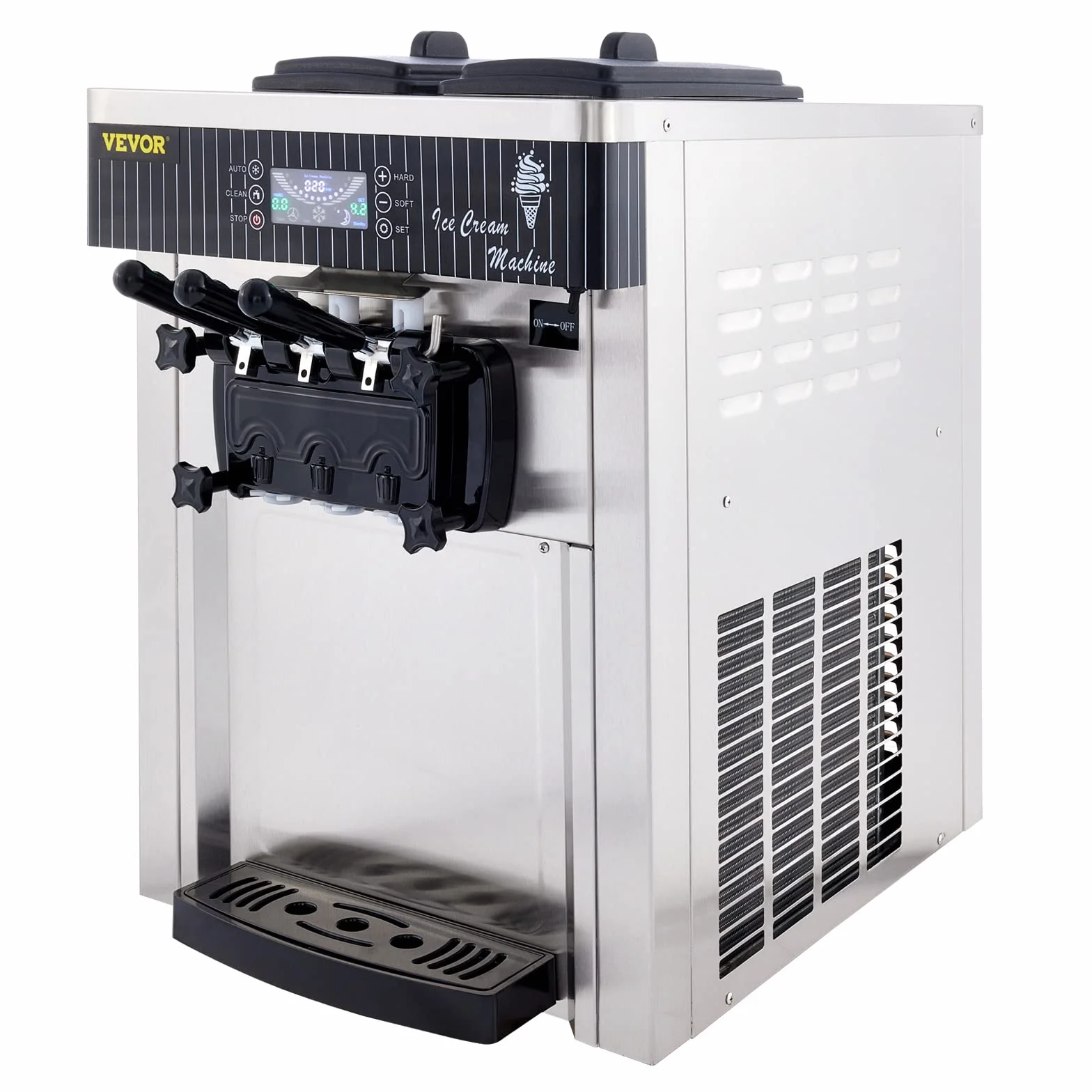 VEVOR Macchina per gelato commerciale da 5,3 a 7,4 galloni all'ora per servire morbido con display a LED Auto Clean 3 sapori perfetta per ristoranti snack bar, 2200 W, argento
