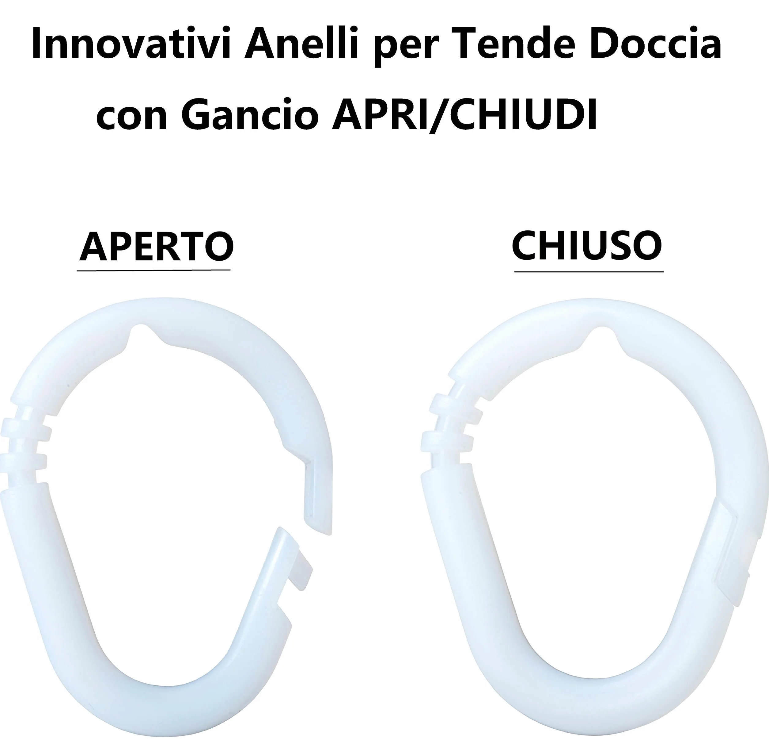 IPEA Anelli per Tende Doccia con Gancio Apribile 24 pezzi Made in Italy Plastica Super Resistente Scorrevole per Asta Tenda Bagno Bianco 45 x 35 mm