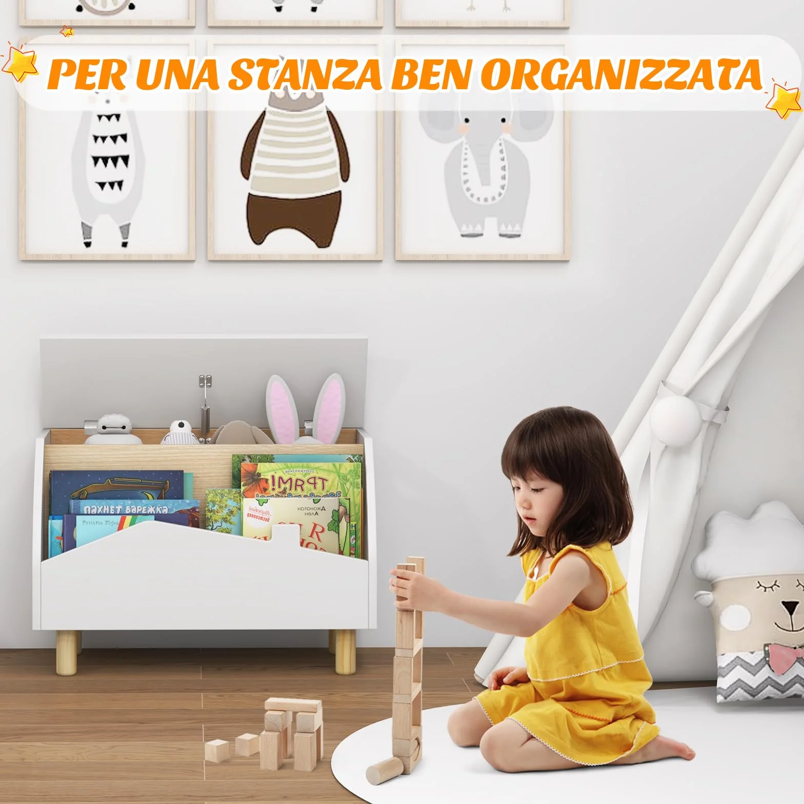 COSTWAY Libreria Montessoriana 2-in-1 in Legno per Bambini 60x30x44 cm Bianco