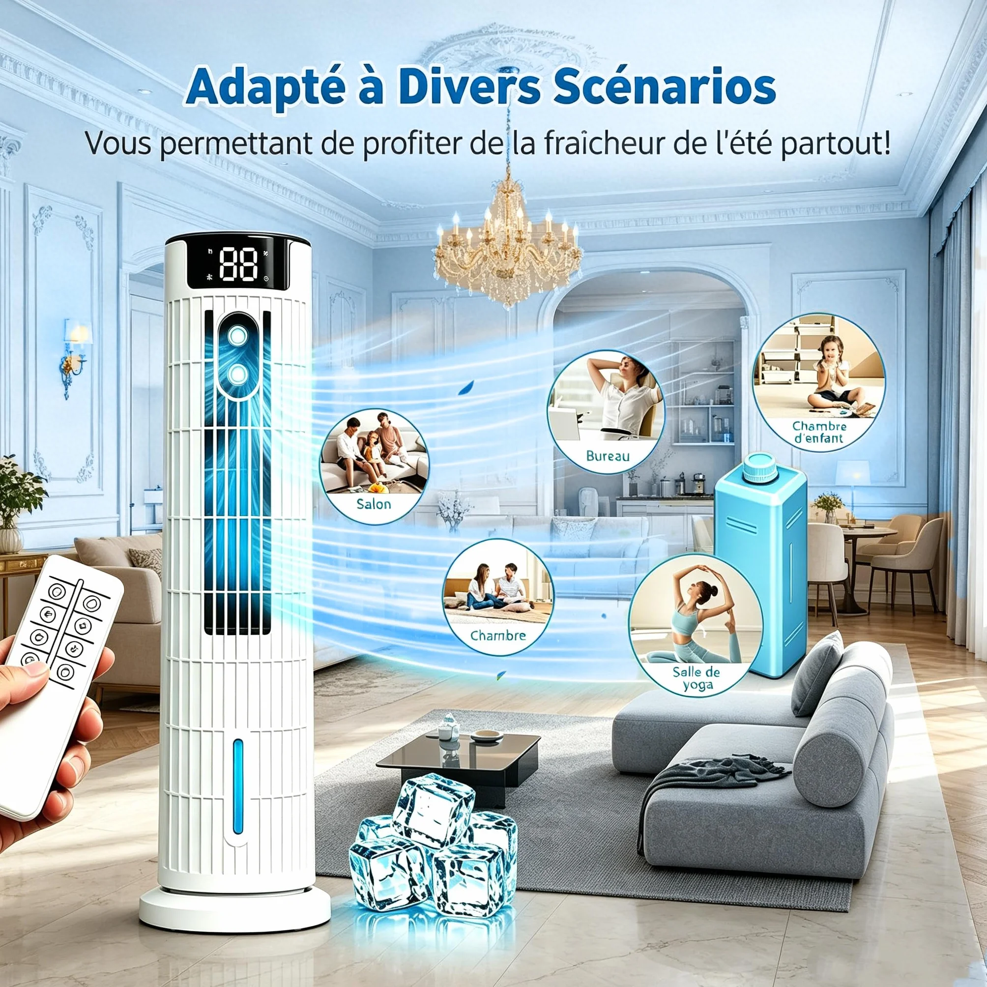 Condizionatore Portatile | Controllo doppio telecomando e touch | 3 in 1 raffreddamento con umidificazione | Serbatoio da 800ml | Vento forte fino a 7,5 m/s | Silenzioso ed efficiente