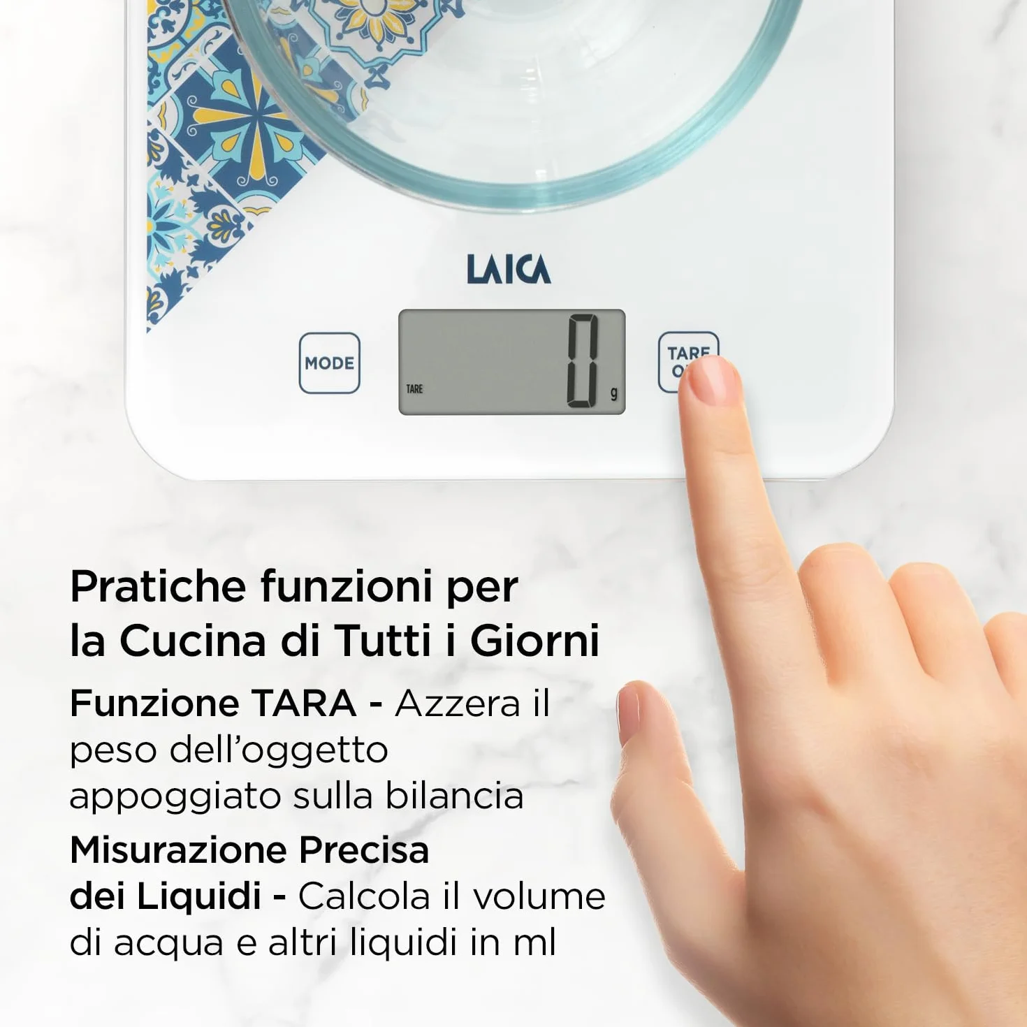 LAICA Bilancia da Cucina Digitale - Blue - Appendibile - Alta Precisione 10kg/1g - Display LCD - Funzione TARA - Calcola il Volume dell'Acqua - Vetro Temperato - Italian Design