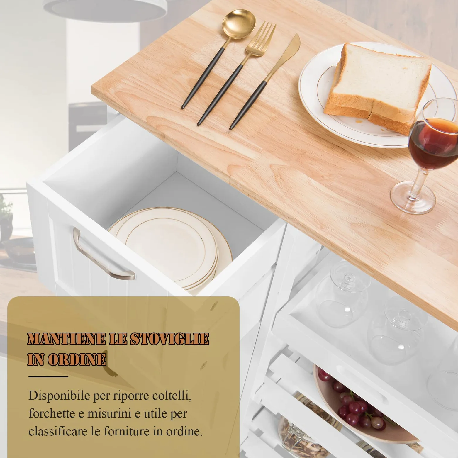 RELAX4LIFE Carrello da Cucina con Ruote Girevoli, Credenza Portaoggetti in Legno Robusto con 3 Cassetti e 3 Ripiani, Carrello di Servizio Pratico e Salvaspazio per Sala da Pranzo (Bianco)