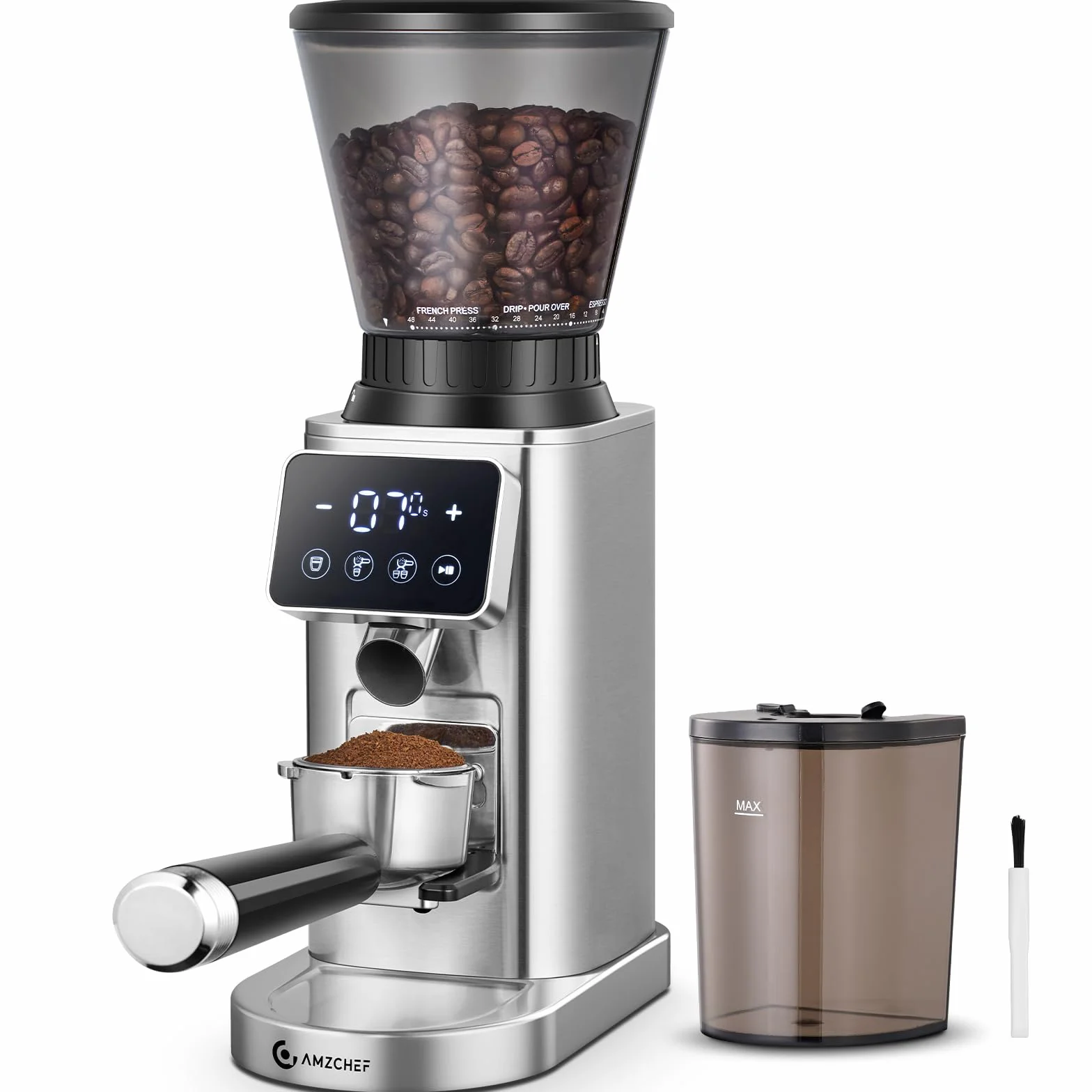 AMZCHEF Macinacaffè Elettrico con 48 Livelli di Macinatura, Macine Coniche, Sistema Antistatico, Display LCD Touch, Contenitore Chicchi 300 g, per Espresso, Caffè Filtro e French Press