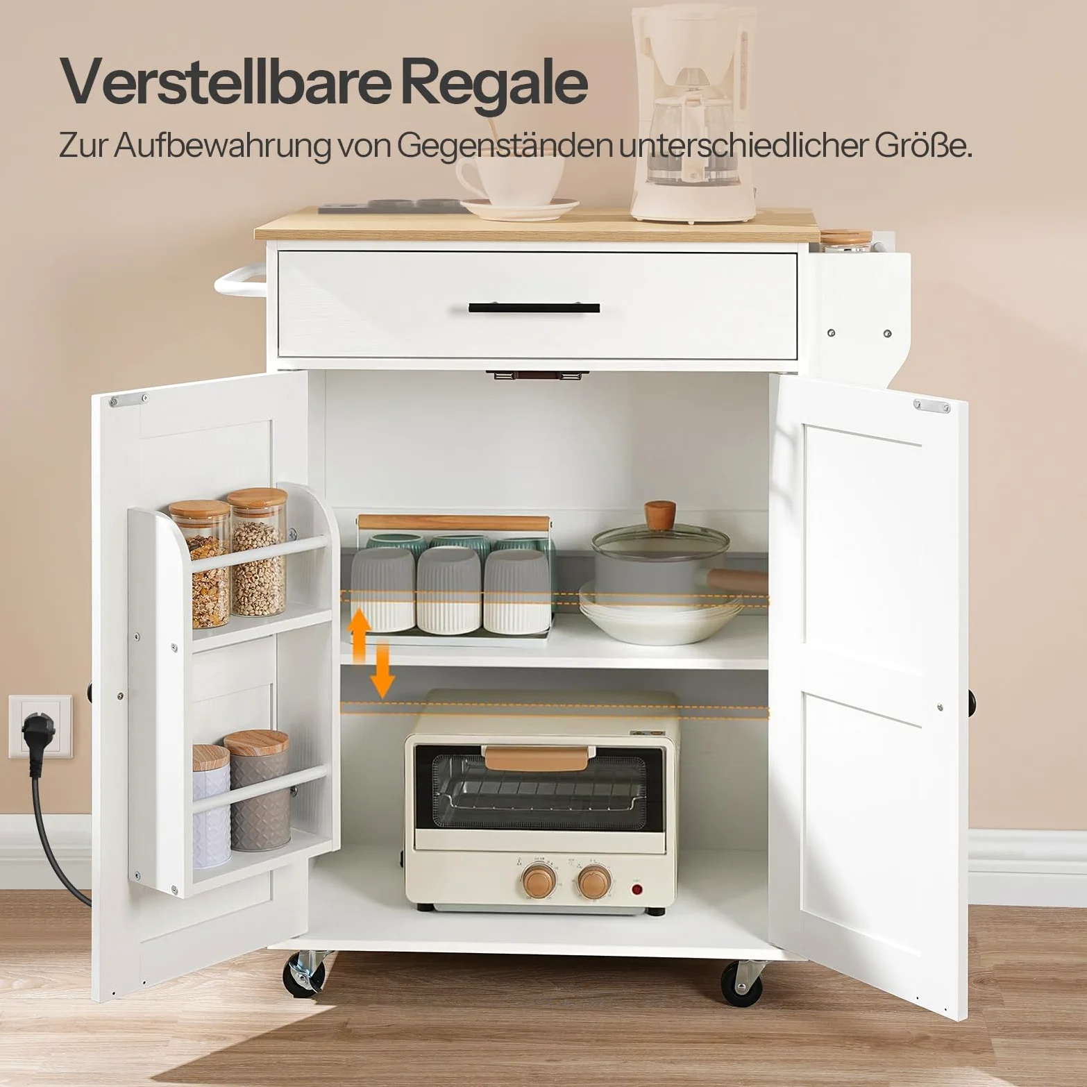 HOOBRO Tavolo Isola Cucina con Prese Elettriche, Carrello da Cucina con Cassetti e Porta Spezie, Carrello Isola da Cucina, con 2 Prese, Bianco e Colore Legno Naturale EWN88CZD01