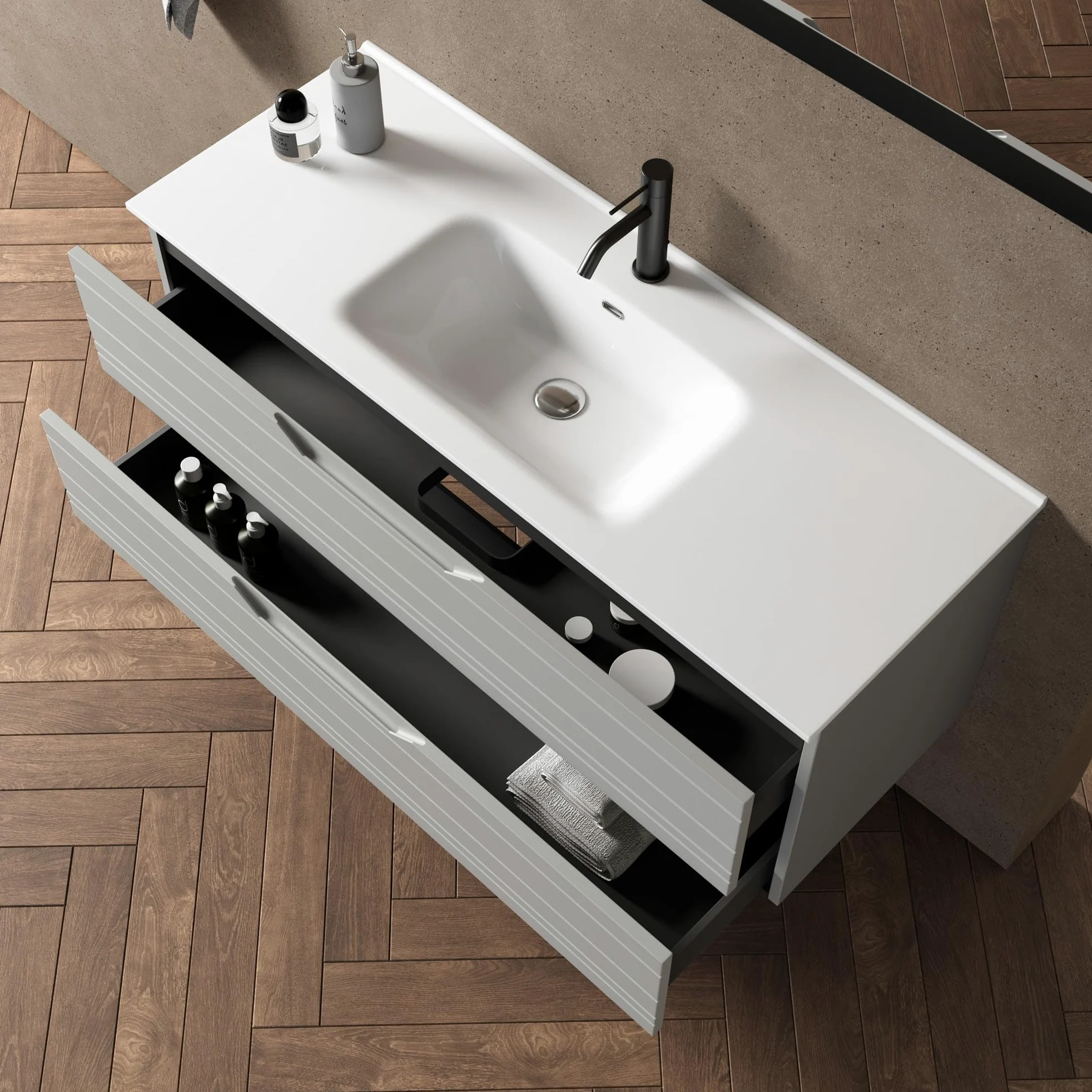 AQA DESIGN accessori casa composizione 4 pezzi bagno, base sospesa con frontali in MDF, finitura grigio opaco, nr2 cassetti con scorrimento e - Grigio - 121x46,5x190 cm