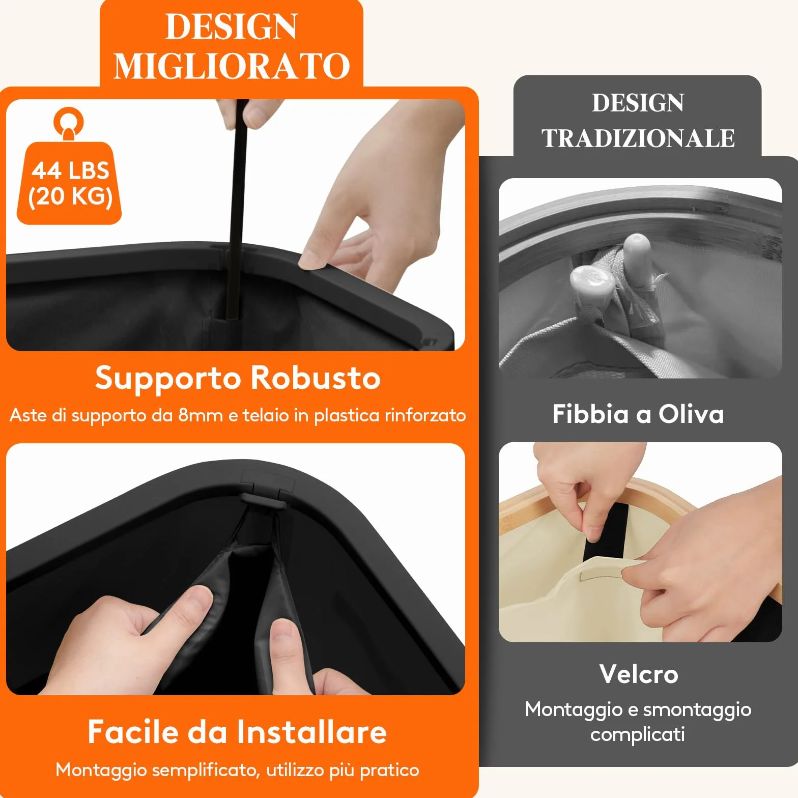 Lifewit Cesto Portabiancheria con Coperchio, Grande Portabiancheria Pieghevole a 3 Scomparti con Sacchi Rimovibili, Laundry Basket per Camera da Letto, Bagno e Lavanderia, 150L, Nero