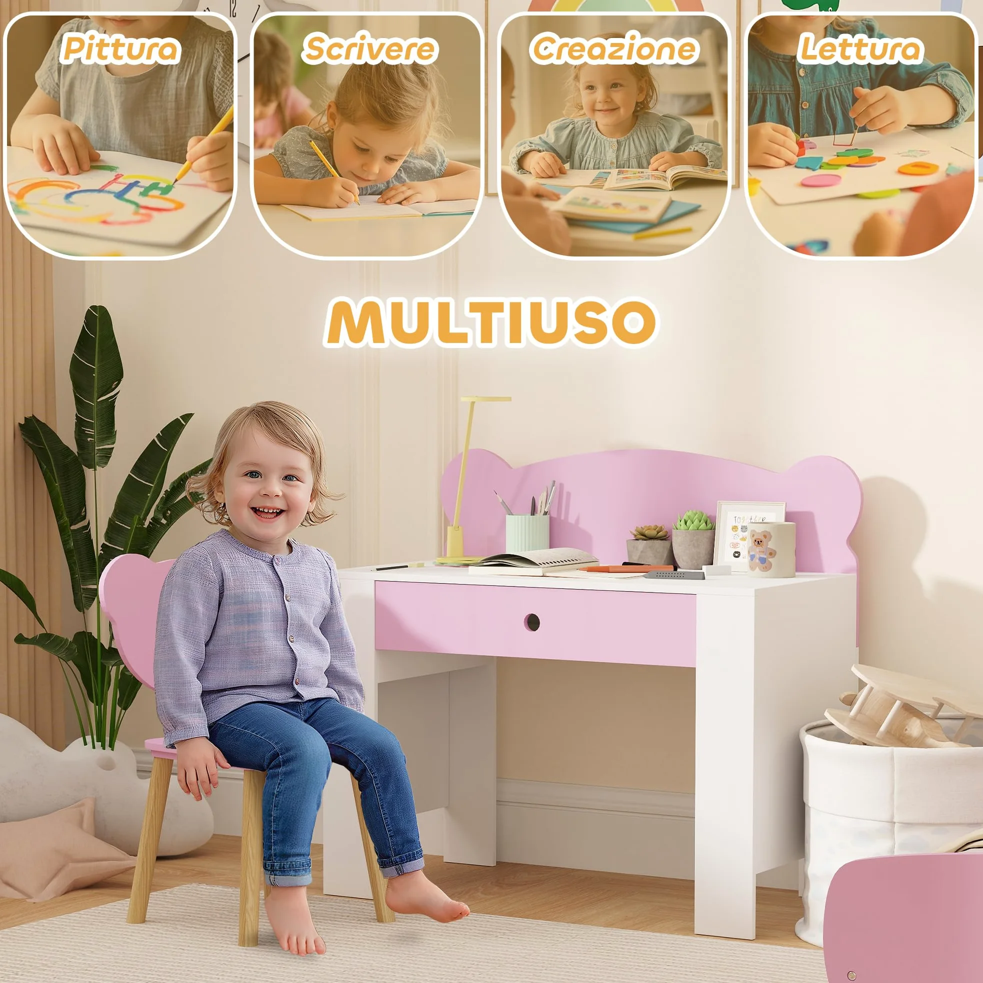 AIYAPLAY Set Scrivania per Bambini con Sedia, Tavolo da Studio con Cassetto, Schienale a Forma di Orsetto, Età 3-8 Anni, Rosa
