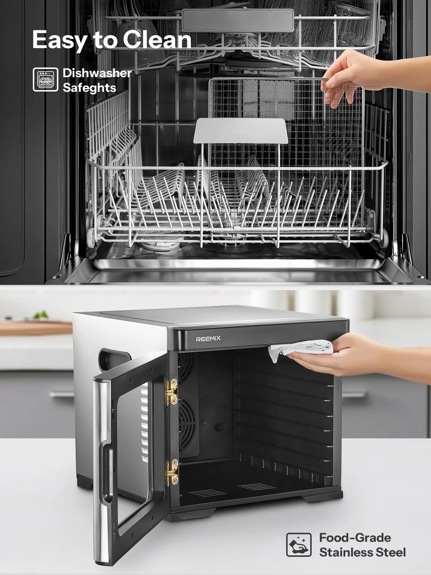 Essiccatore per alimenti in acciaio inox 1000W, controllo digitale, 9 vassoi, superficie 0,8 m², temperatura 30–75°C, timer 30 min–48h, display LCD touch