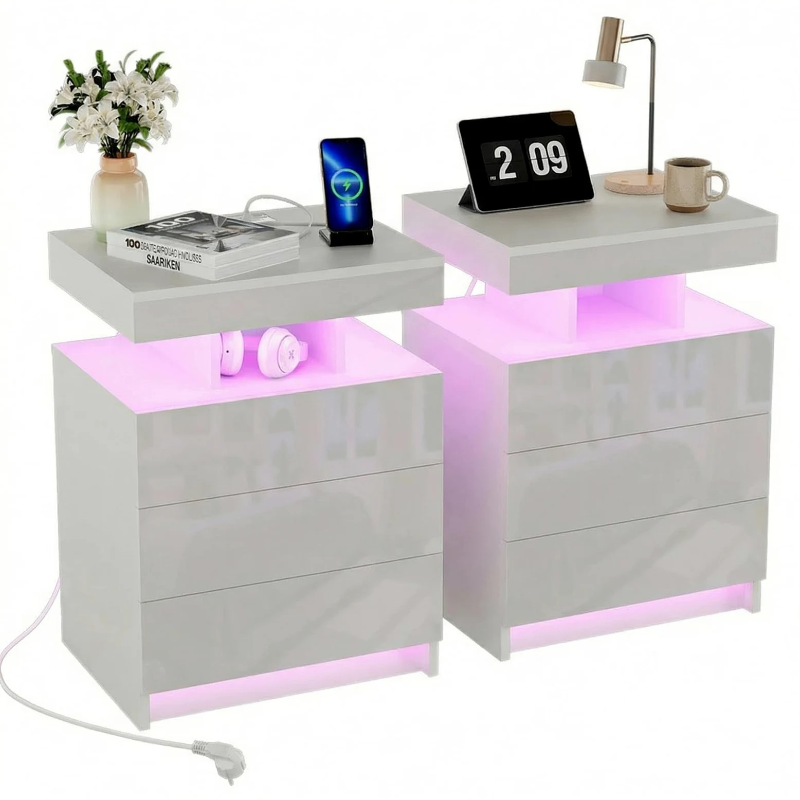 Set 2 Comodino con Presa Elettrica e LED RGB, comodini camera da letto Moderni a 3 Cassetti Laccati e Antrato Aperto, 2 AC 2 USB LED RGB e Telecomando, per Soggiorno, Bianco 50cm Larghezza