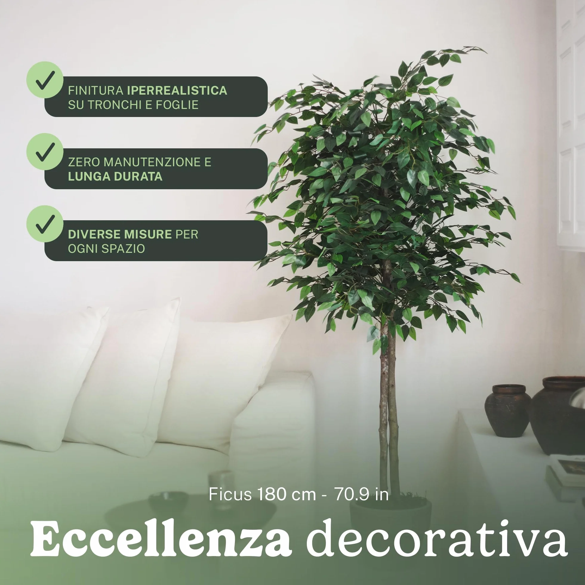 Ficus artificiale 180 cm pianta finta grande tronco naturale albero decorativo realistico casa ufficio hotel