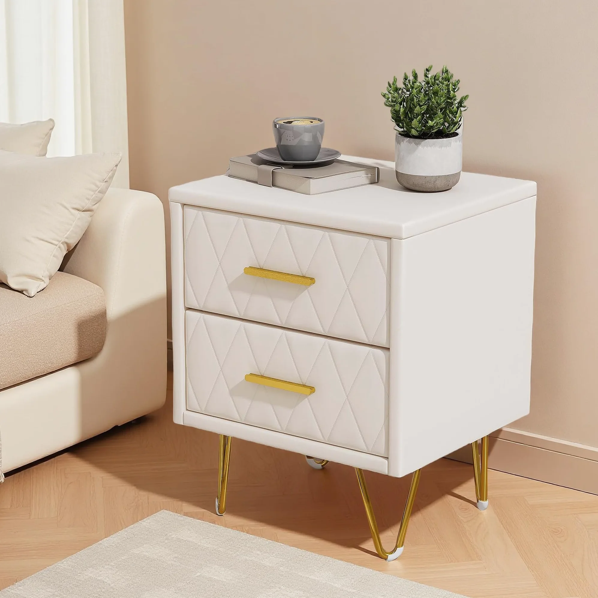 Comodino con 2 cassetti, superficie in pelle, tavolino con piedini e maniglie in metallo per camera da letto, soggiorno, 41 x 35,5 x 51 cm (beige PU+2 cassetti, 2 unità)
