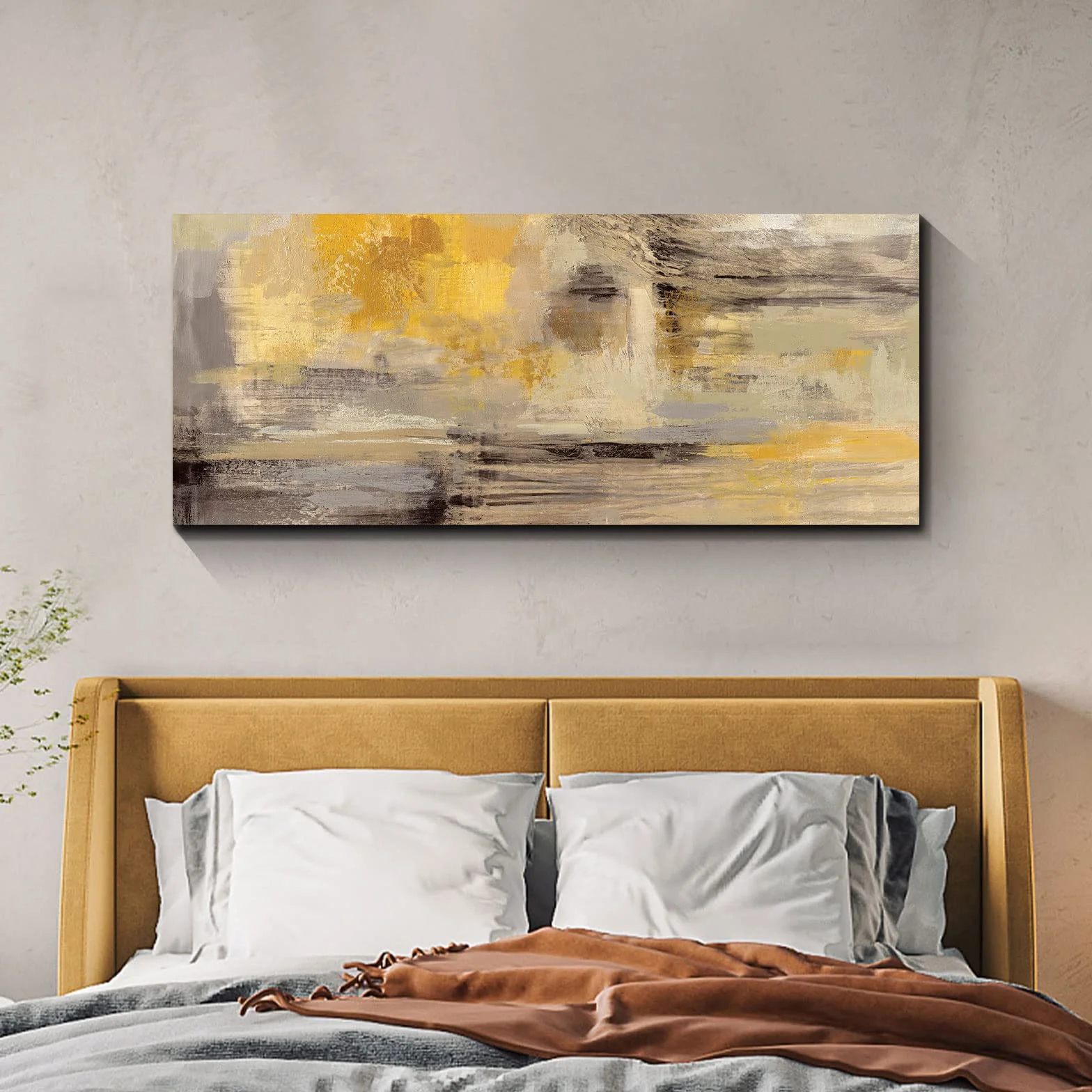 FajerminArt Grande Stampa su Tela Con Cornice Astratto grigio giallo senape Quadri Moderni Immagine pittura su tela soggiorno camera da letto ristorante Decorazione Murale 120x50cm
