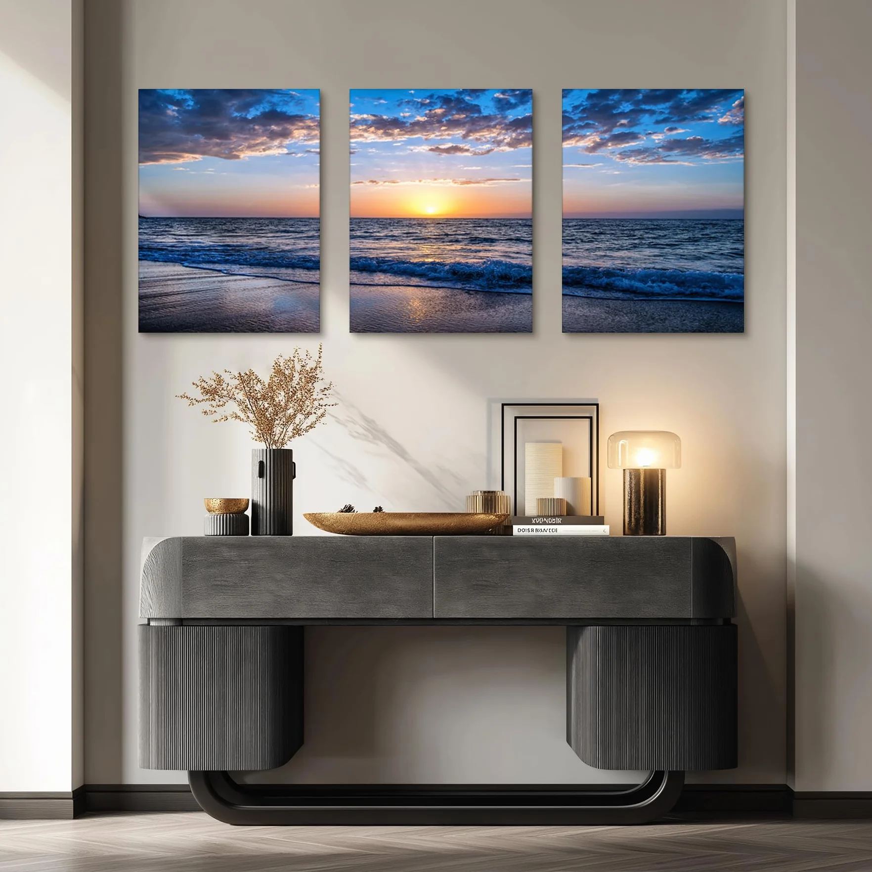 hyidecorart Quadro Moderno Soggiorno, 3 Pezzi Quadri Spiaggia Tramonto Stampe Su Tela, Decorazioni Camera Da Letto Bagno Cucina Ufficio Sala Da Pranzo Bar