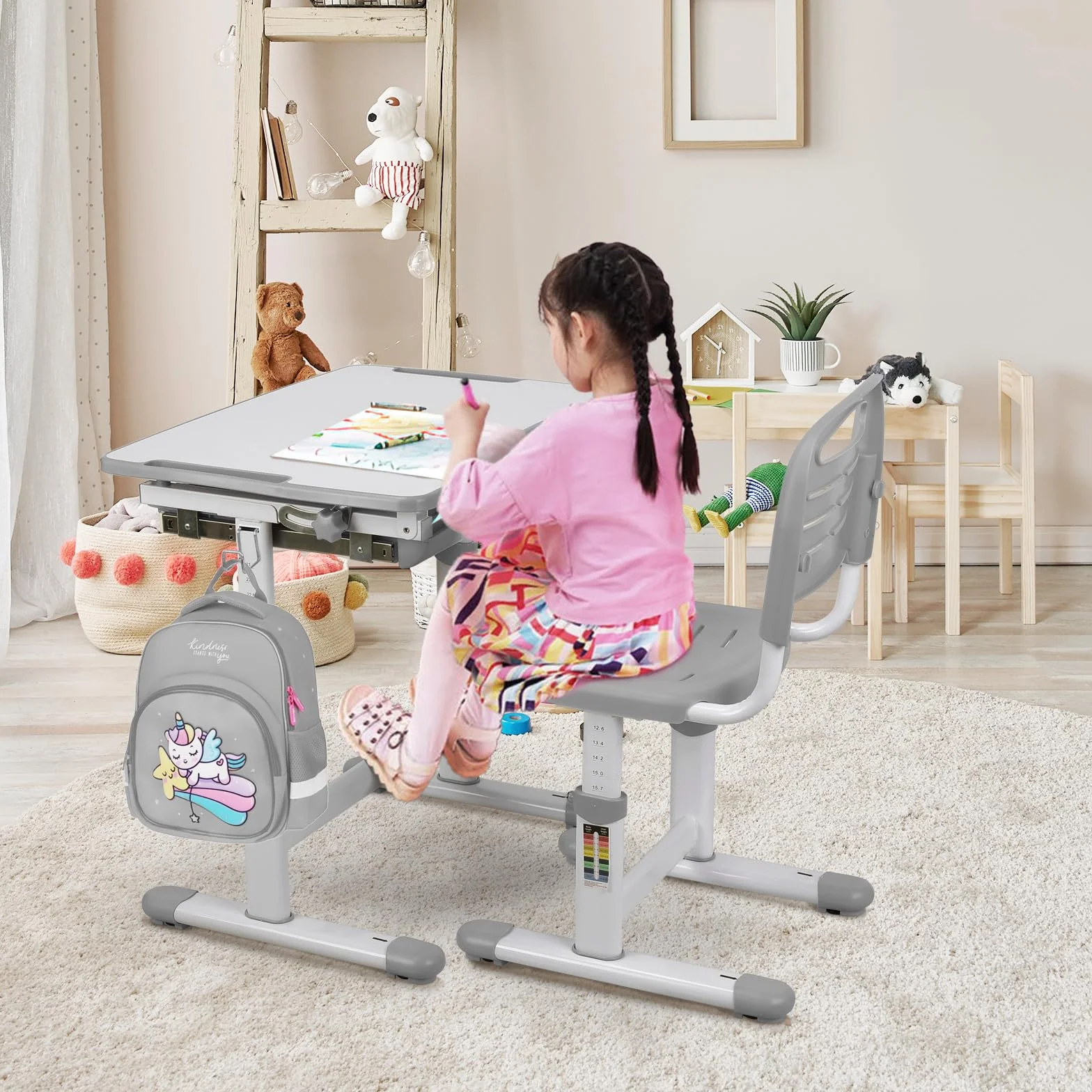 MAMIZO Sedia da Scrivania per Bambini, Regolabile in Altezza, Con Piano Inclinabile, per Ragazze e Ragazzi, Con Cassetto (Grigio)