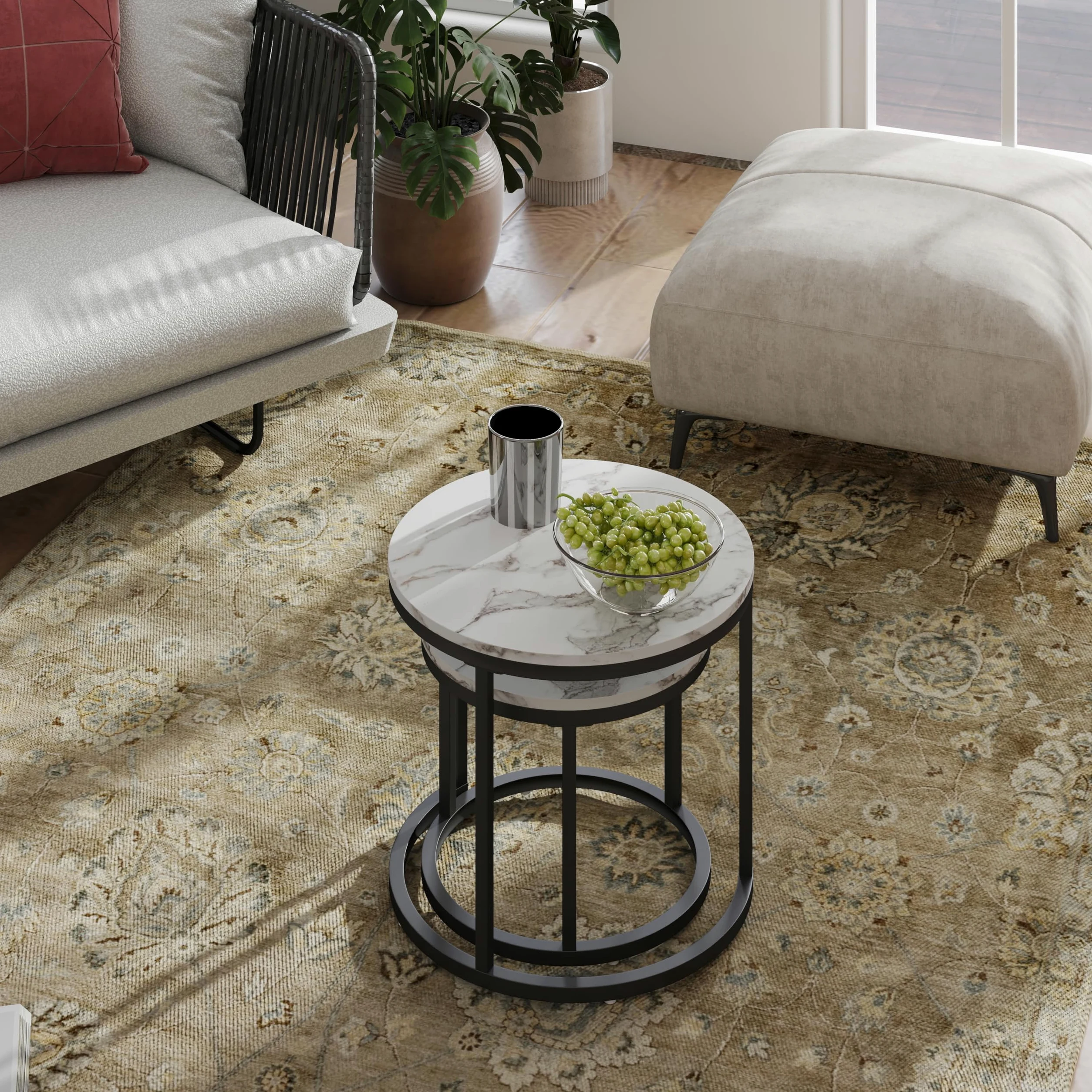 Tavolino Salotto Rotondo, Set di 2 Tavolino Soggiorno Moderno, Gamba in Metallo Nero, Adatto per Soggiorno, Caffetteria, Lounge 50x45cm +40x35cm (Bianco+Nero)