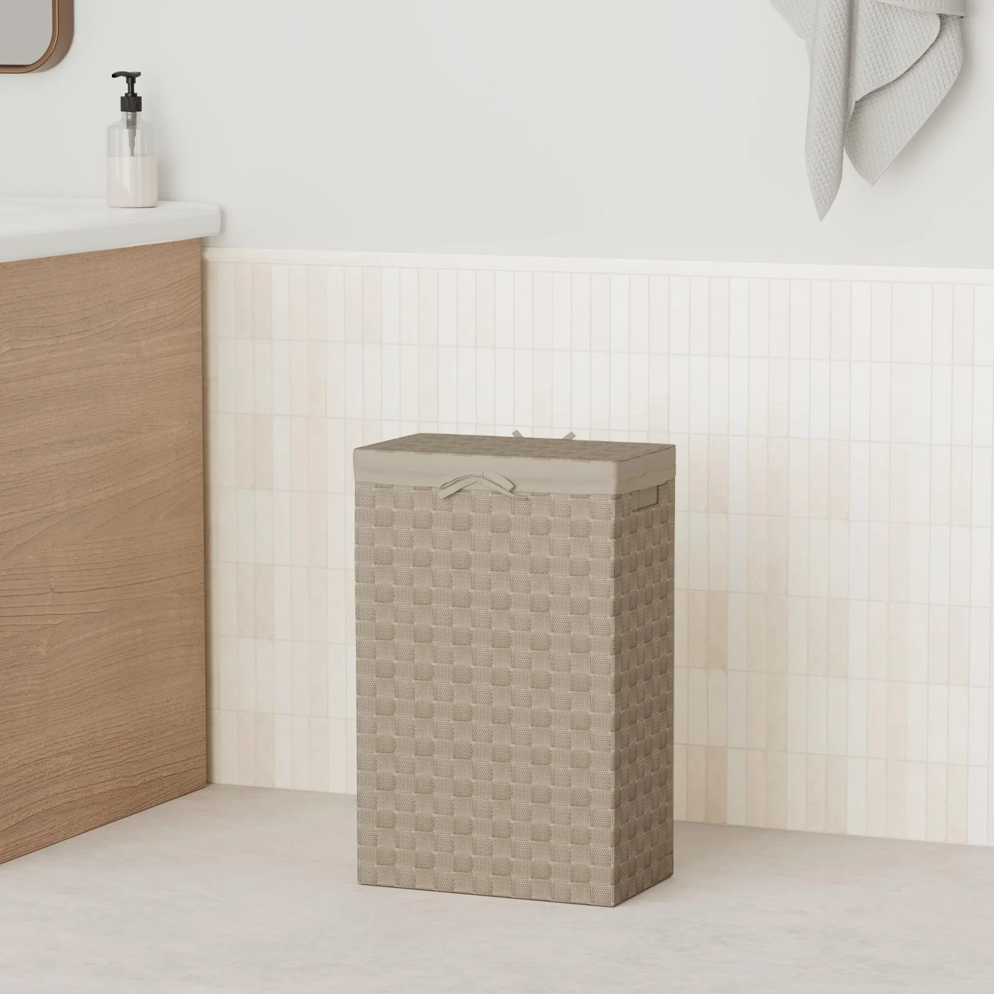 Cesto Portabiancheria Quadrato con Coperchio 38x25x60H cm Talpa Tessuto Struttura Metallo Fodera Lino Rimovibile