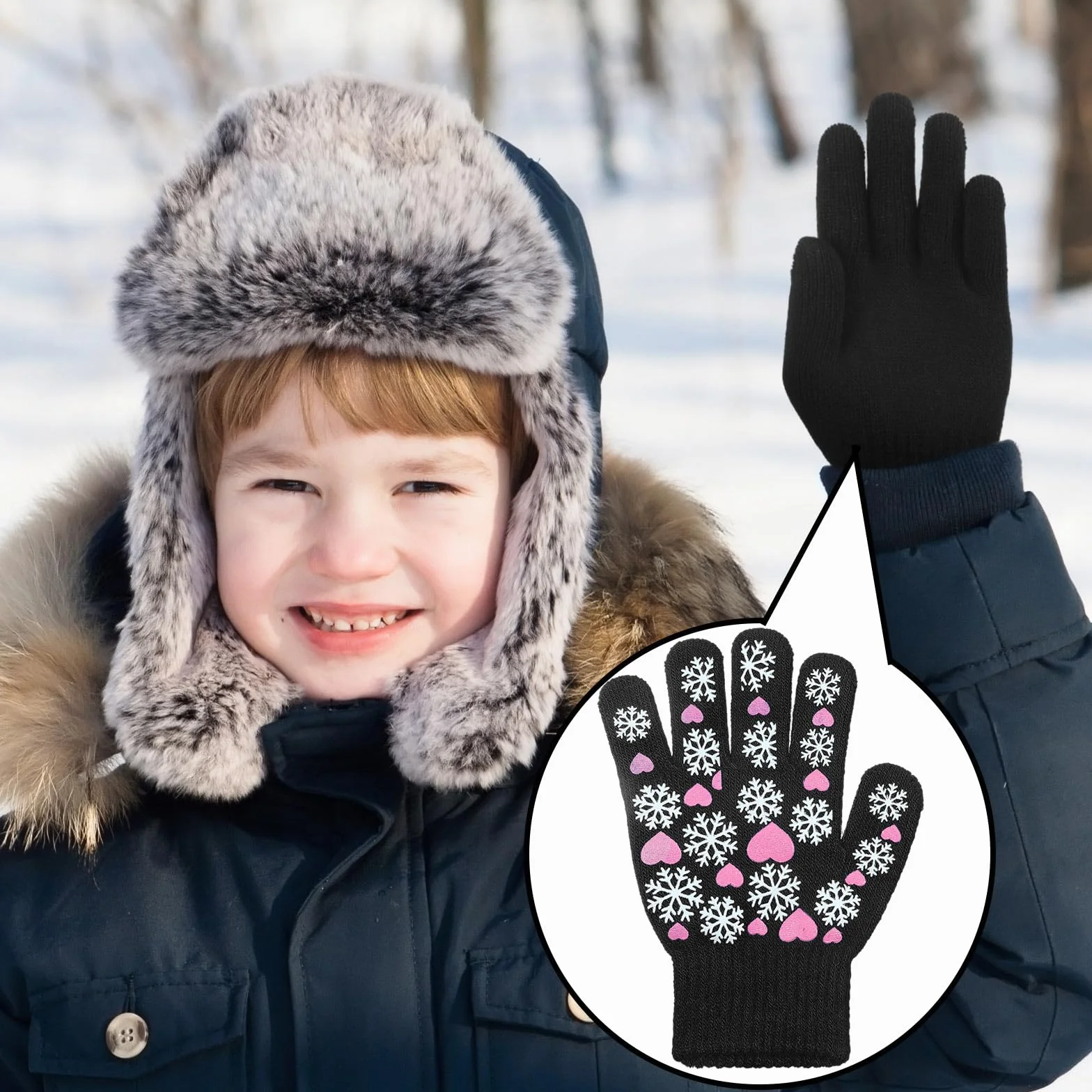 Geyoga 3 Paia Guanti Invernali in Maglia per Bambini 5-10 Anni Azzurro Cielo Nero Rosso