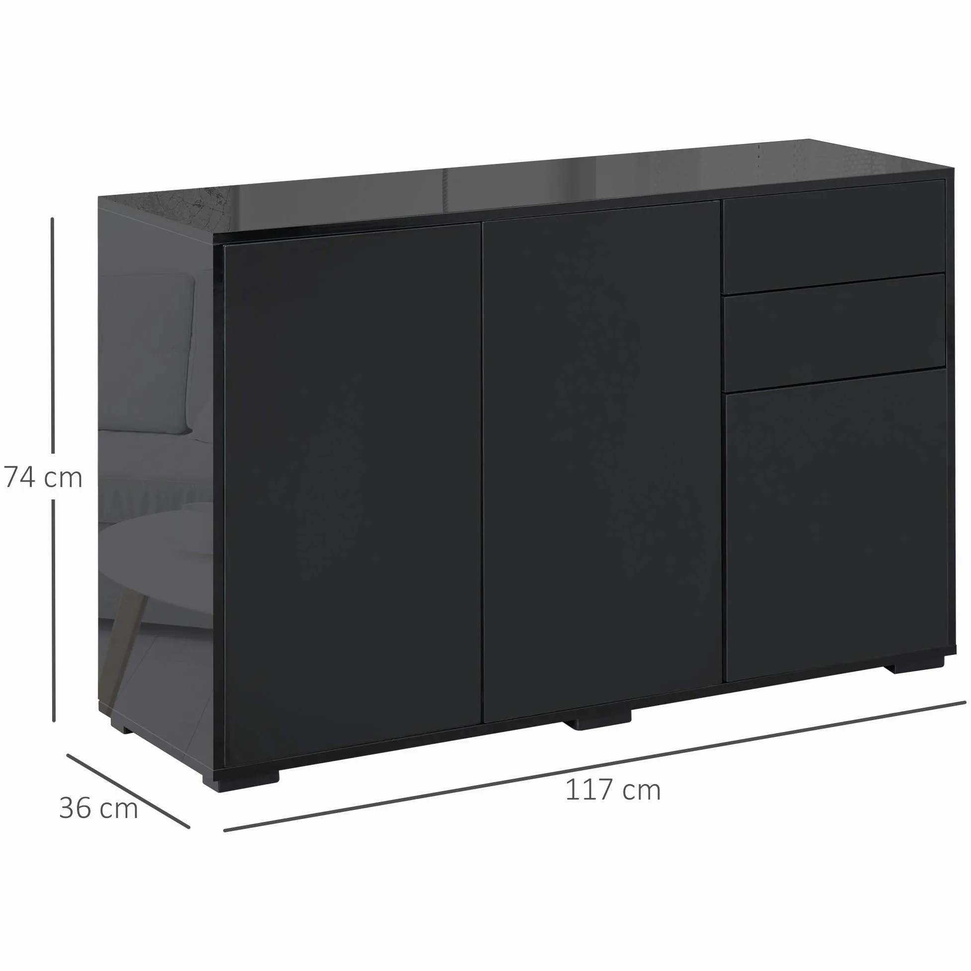 HOMCOM Mobiletto Multiuso Nero con 2 Cassetti e 2 Armadietti ad Apertura a Pressione, 117x36x74cm