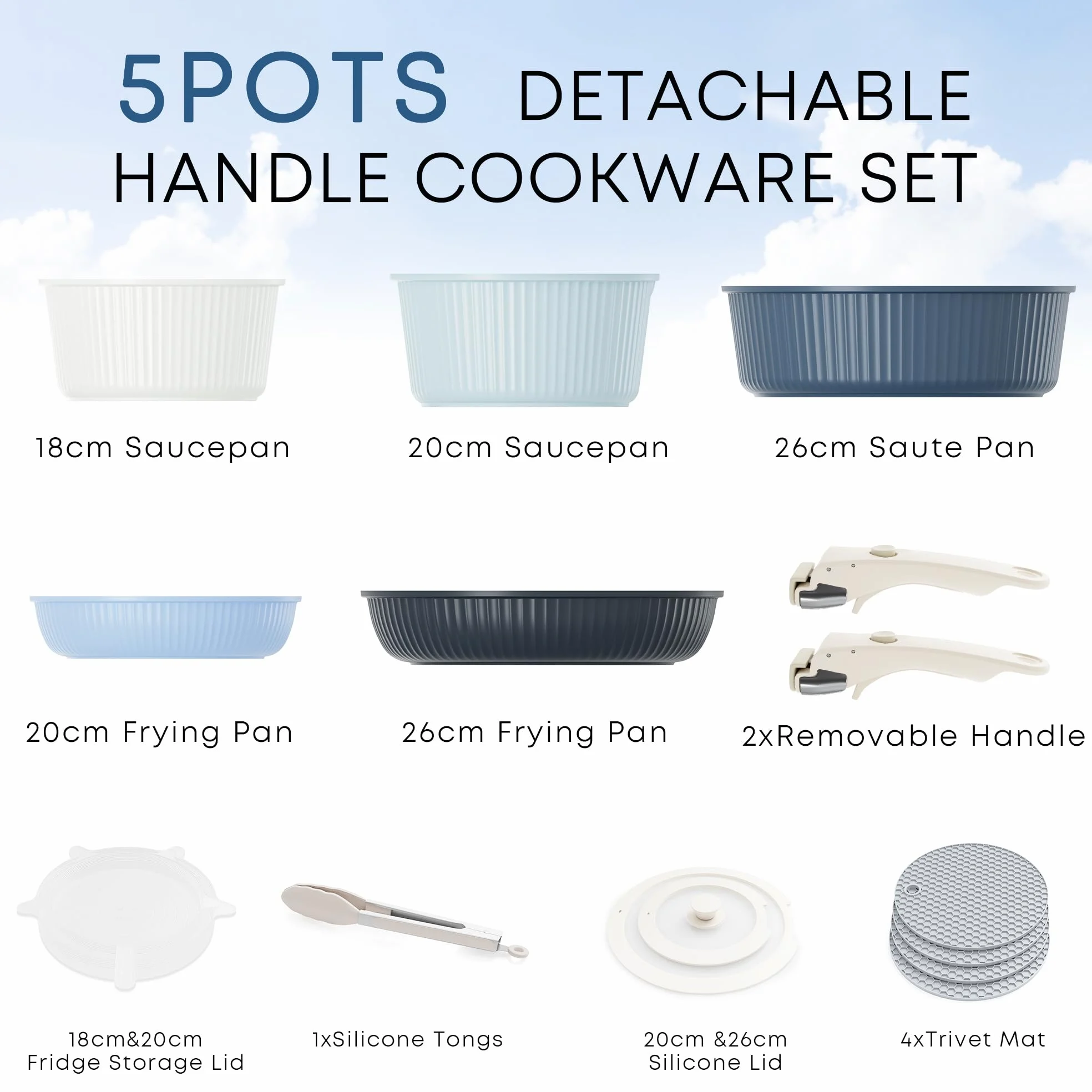 RIOVARM Induzione Set di pentole e padelle con manici staccabili, Impilabile Antiaderente In granito Set di pentole con coperchi, Salvaspazio Set di utensili da cucina Senza PFOA, Padella, Casseruole