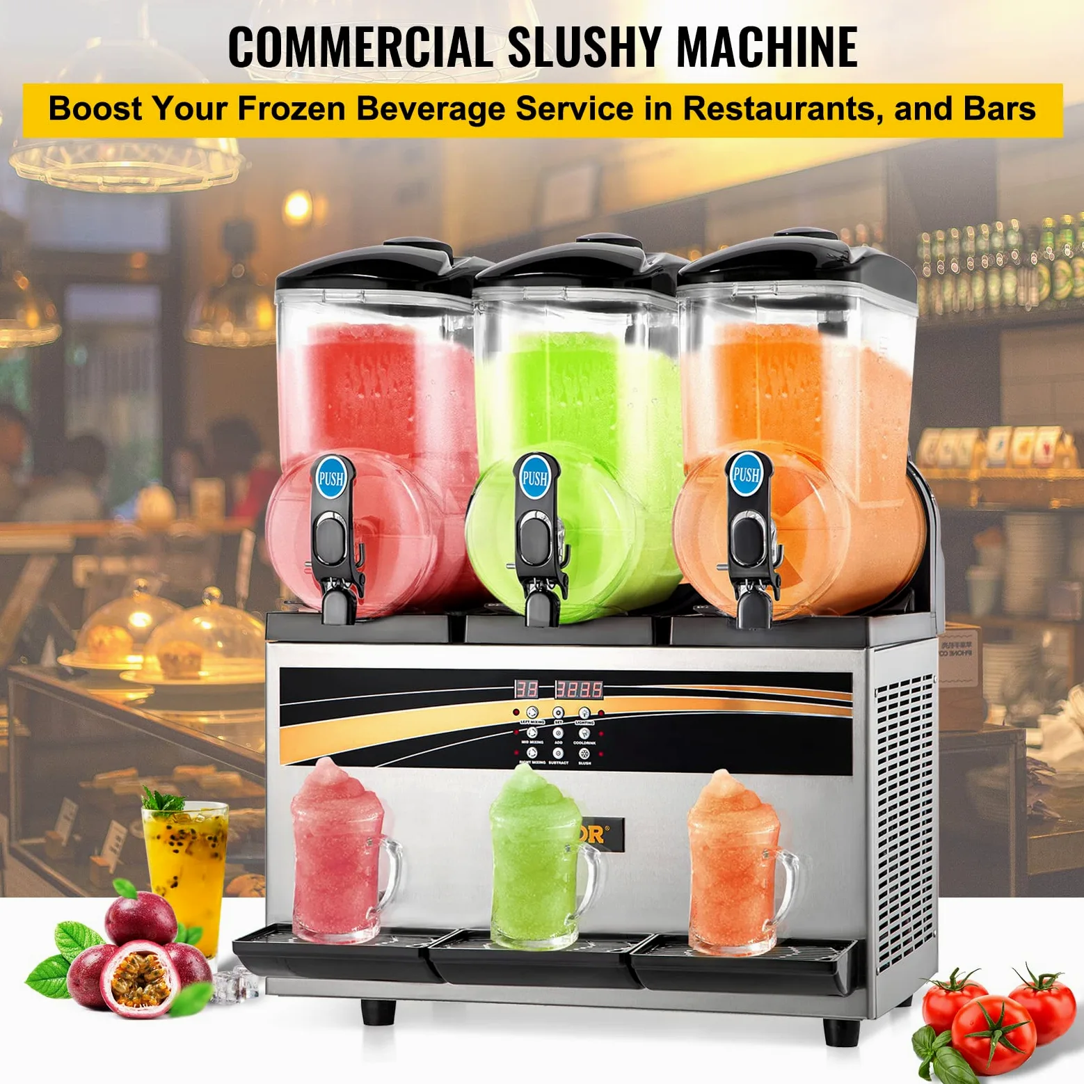 VEVOR Macchina per Granita Sorbetto Elettrica in Acciaio Inox 45L Uso Commerciale, Granitore Sorbettiera Elettrico Commerciale Bevande Fredde, Macchina per Granita Crema Caffè con 3 Vasche da Banco