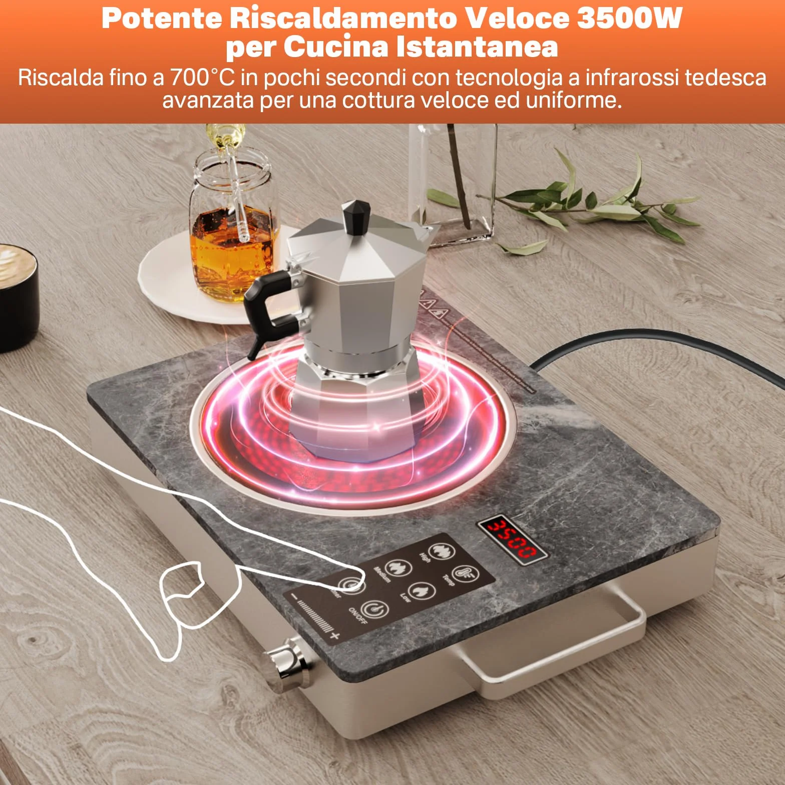 Piastra Ceramica a Infrarossi 3500W – Cottura Veloce e Sicura, Compatibile con Tutte le Pentole, Superficie in Vetro Microcristallino, Controllo Touch e Funzioni di Sicurezza