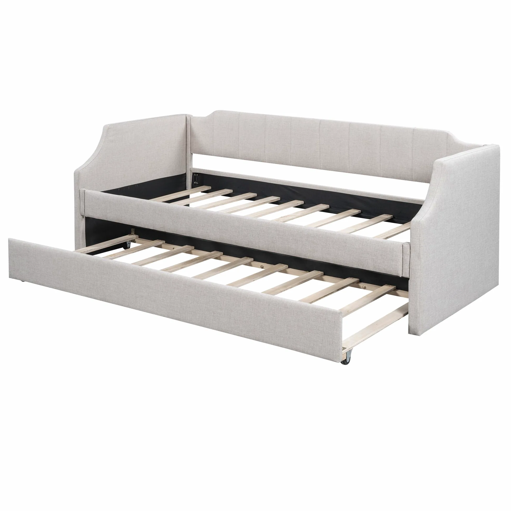 Azkoeesy Letto imbottito 90 x 200 cm, divano letto con secondo letto estraibile, con rete a doghe, lettino per bambini, max 120 kg, rivestimento in lino (beige), WX602